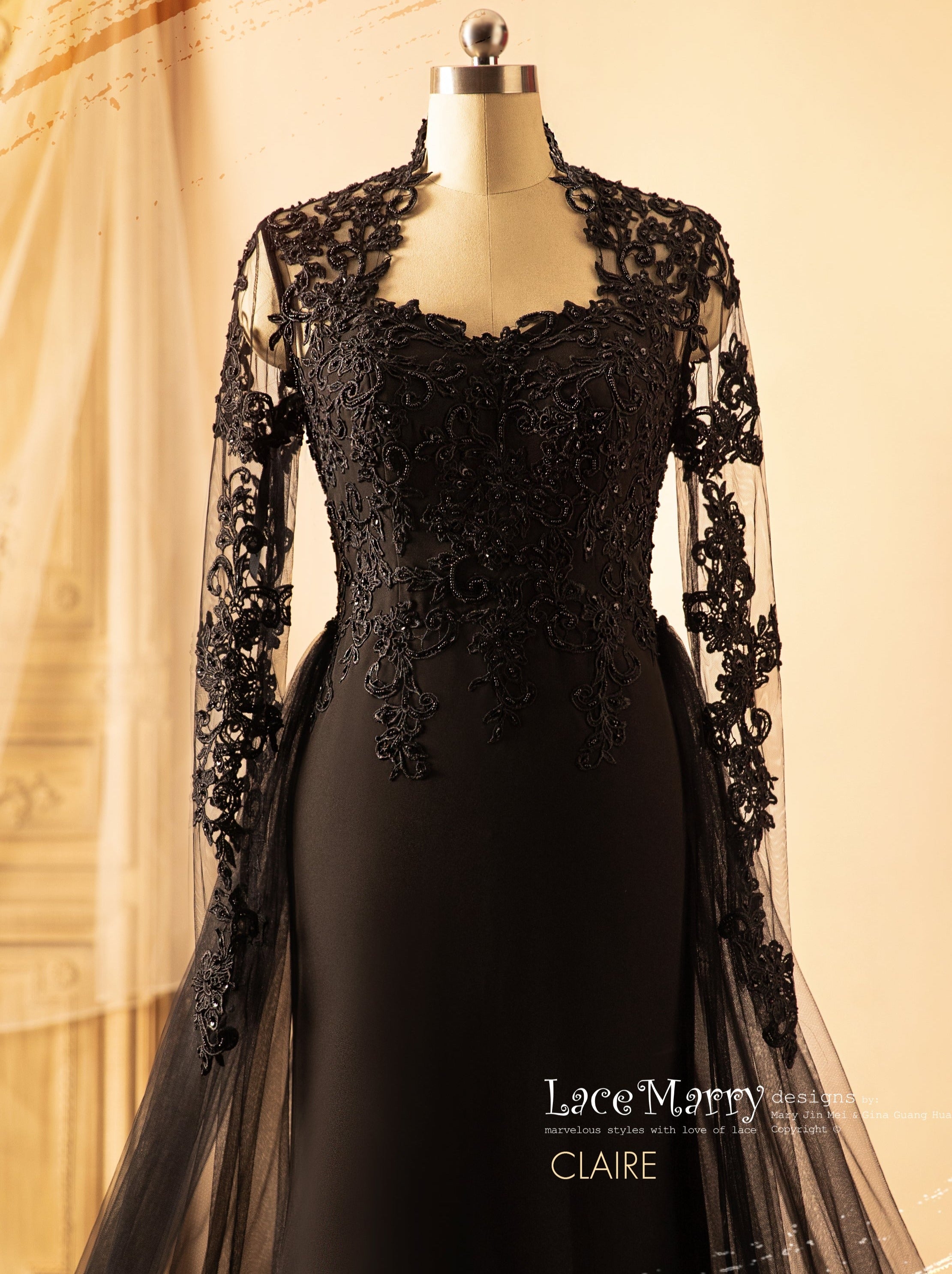 Black Lace and Glossy Fabric Long Train Prom Dress - Promfy