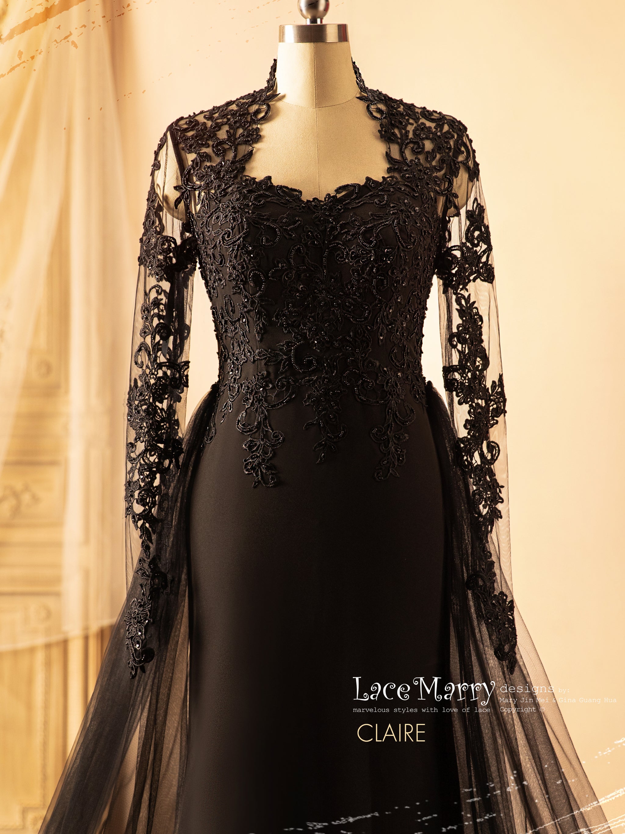 CLAIRE / Elegant Black Wedding Dress with Removable Tulle Train - LaceMarry CLAIRE / Elegant Black Wedding Dress with Removable Tulle Train - LaceMarry