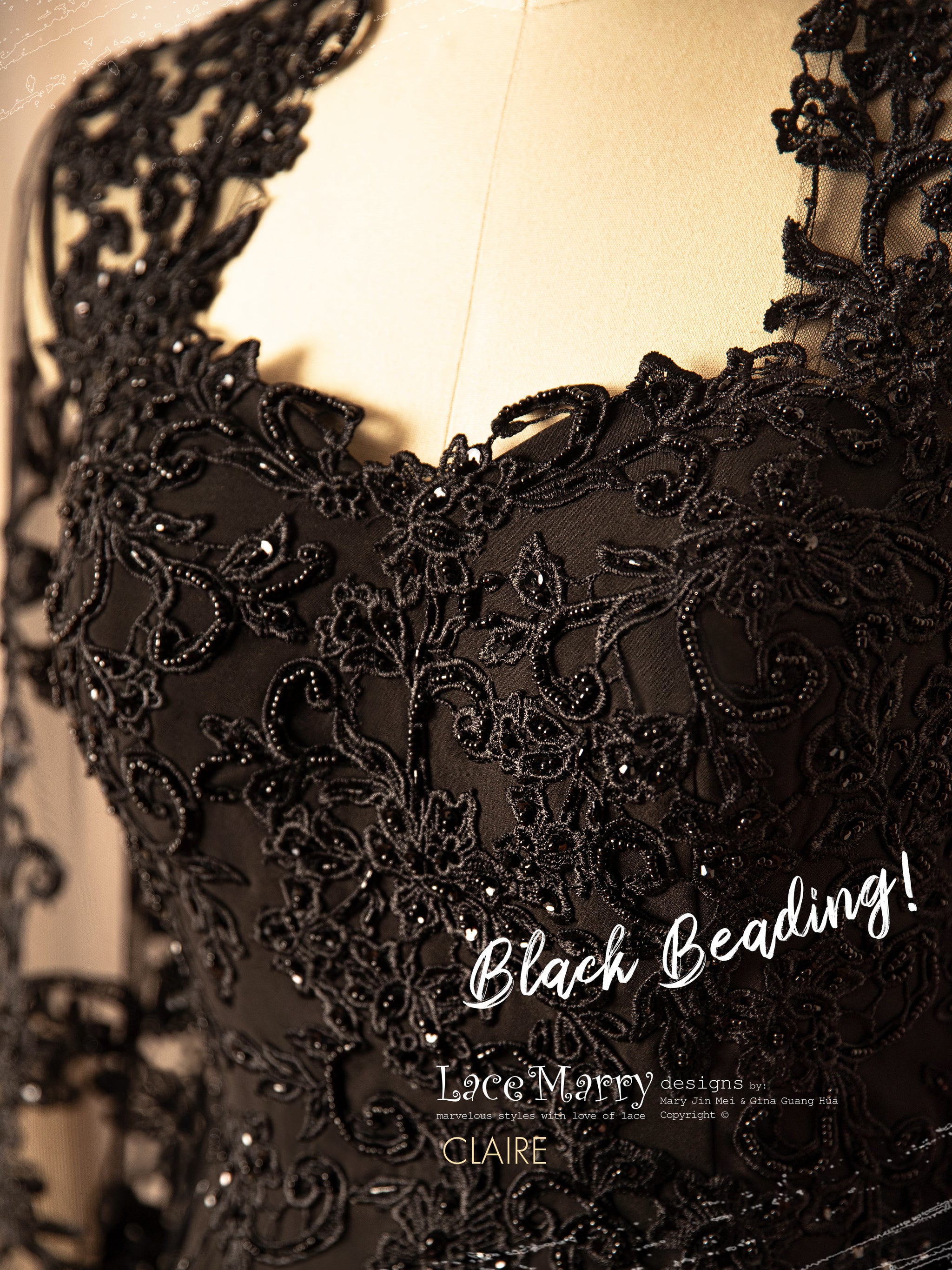 CLAIRE / Black Wedding Dress with Queen Anne Neckline - LaceMarry CLAIRE / Black Wedding Dress with Queen Anne Neckline - LaceMarry