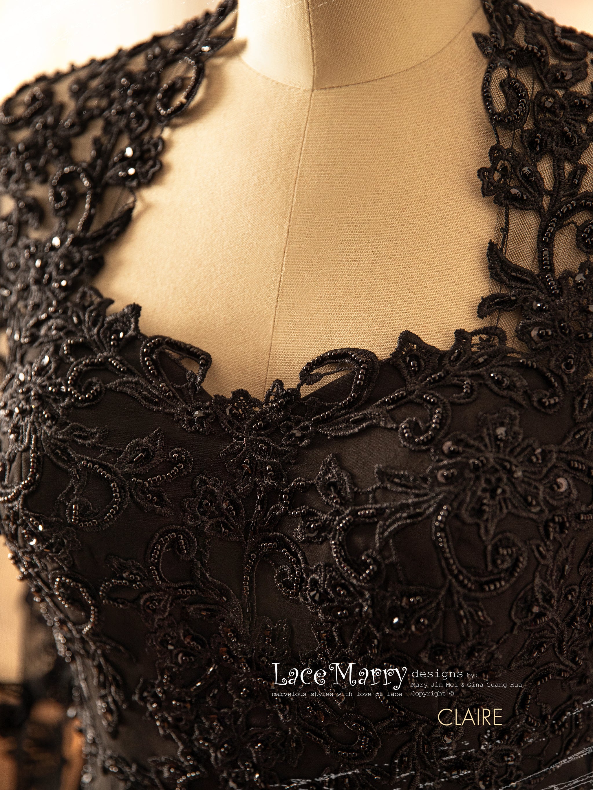 CLAIRE / Black Wedding Dress with Queen Anne Neckline - LaceMarry CLAIRE / Black Wedding Dress with Queen Anne Neckline - LaceMarry
