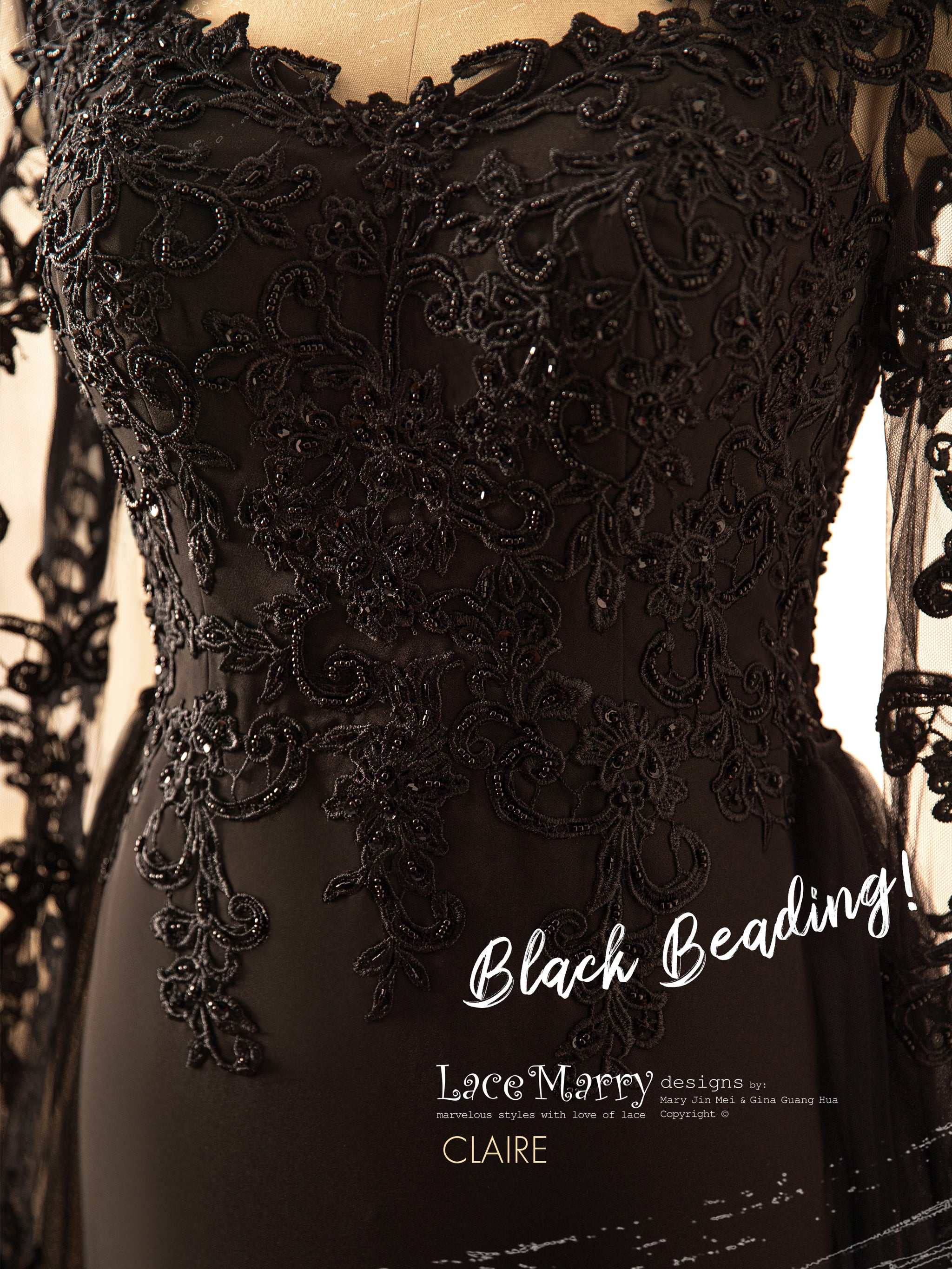 CLAIRE / Elegant Black Wedding Dress with Removable Tulle Train - LaceMarry CLAIRE / Elegant Black Wedding Dress with Removable Tulle Train - LaceMarry