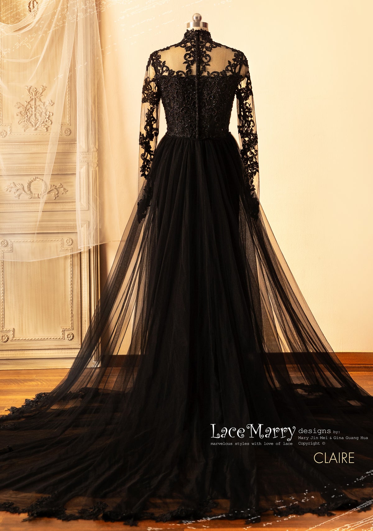 CLAIRE / Elegant Black Wedding Dress with Removable Tulle Train