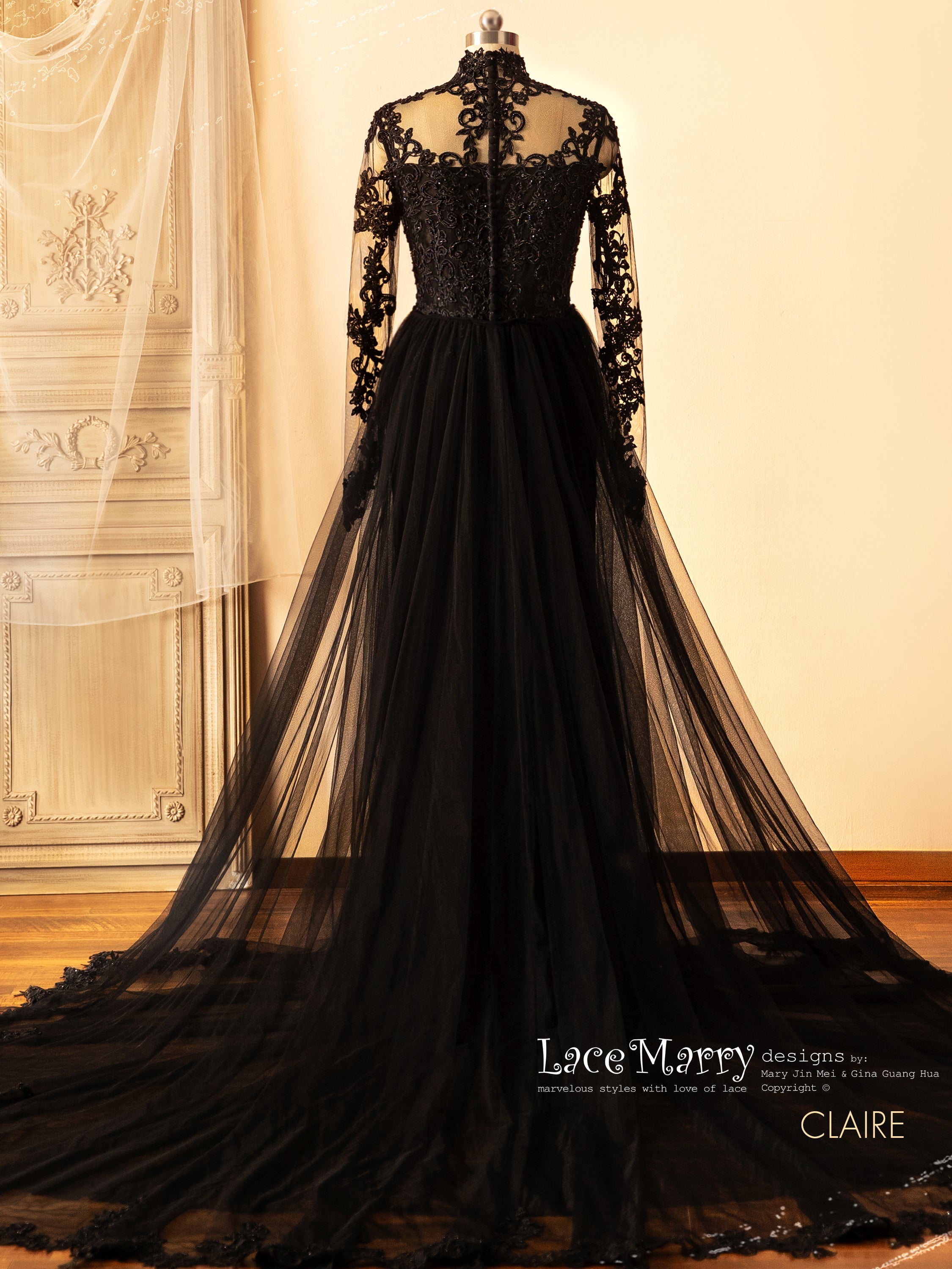 CLAIRE / Elegant Black Wedding Dress with Removable Tulle Train - LaceMarry CLAIRE / Elegant Black Wedding Dress with Removable Tulle Train - LaceMarry