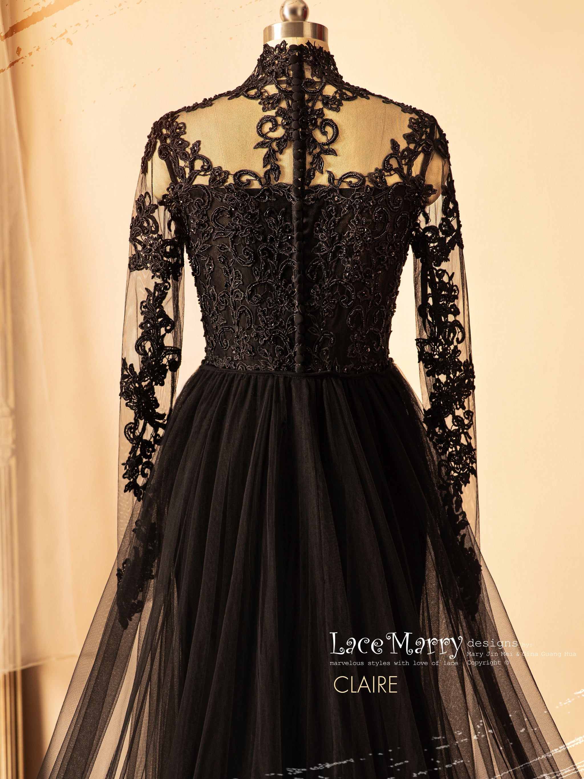 CLAIRE / Black Wedding Dress with Queen Anne Neckline - LaceMarry CLAIRE / Black Wedding Dress with Queen Anne Neckline - LaceMarry