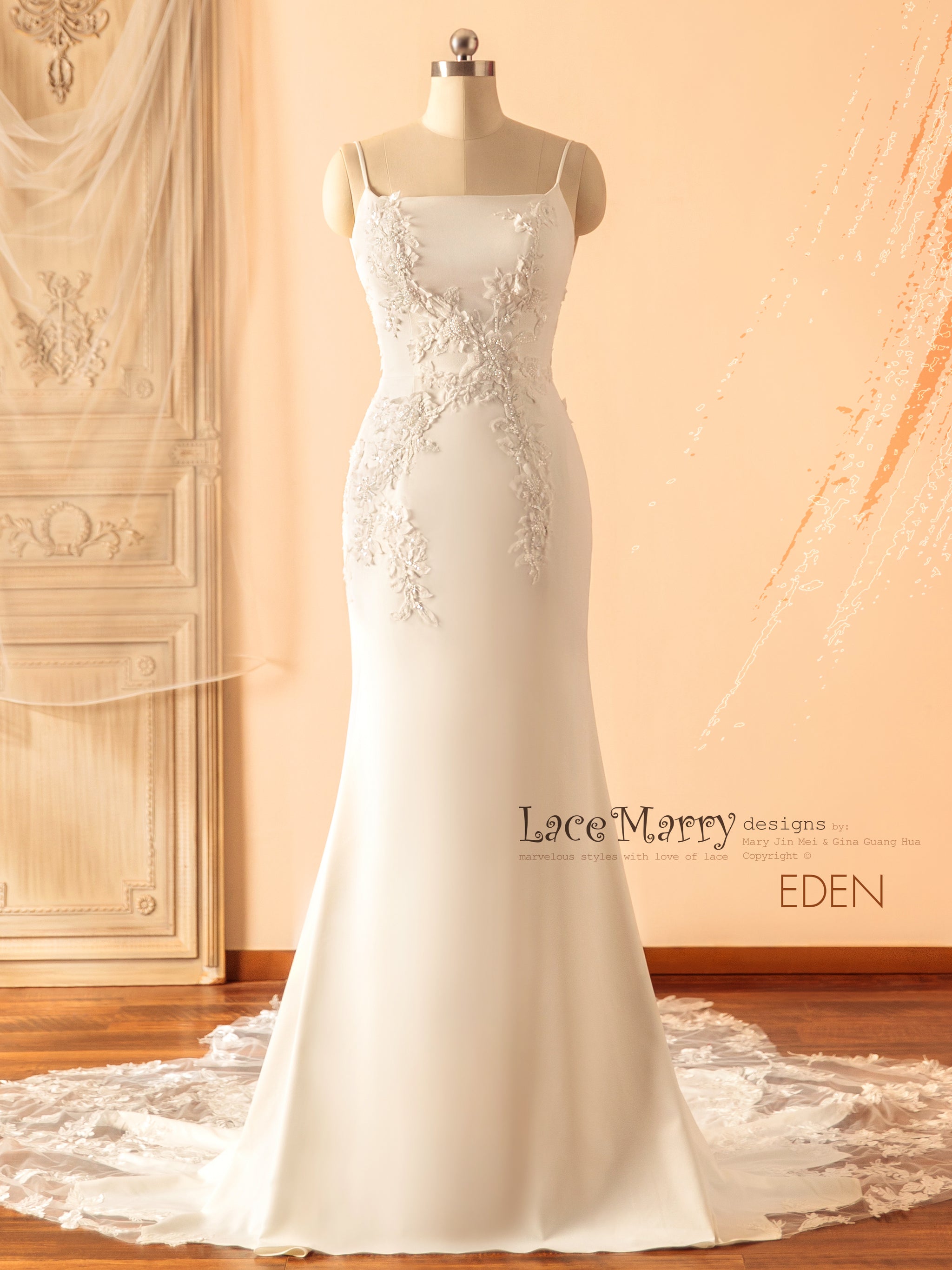 EDEN / Straight Neckline Wedding Dress with Romantic Lace Train - LaceMarry EDEN / Straight Neckline Wedding Dress with Romantic Lace Train - LaceMarry