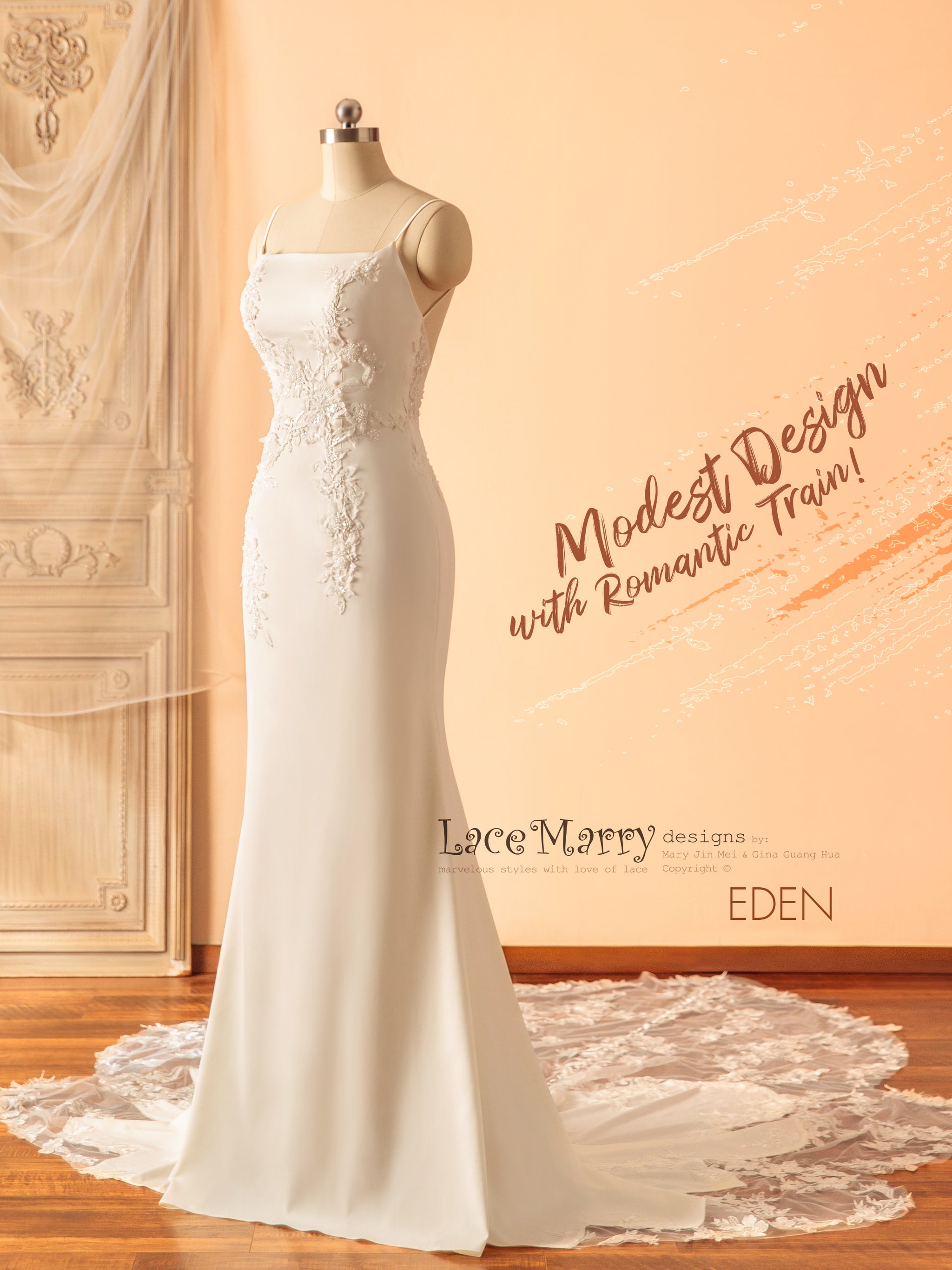 EDEN / Straight Neckline Wedding Dress with Romantic Lace Train EDEN / Straight Neckline Wedding Dress with Romantic Lace Train
