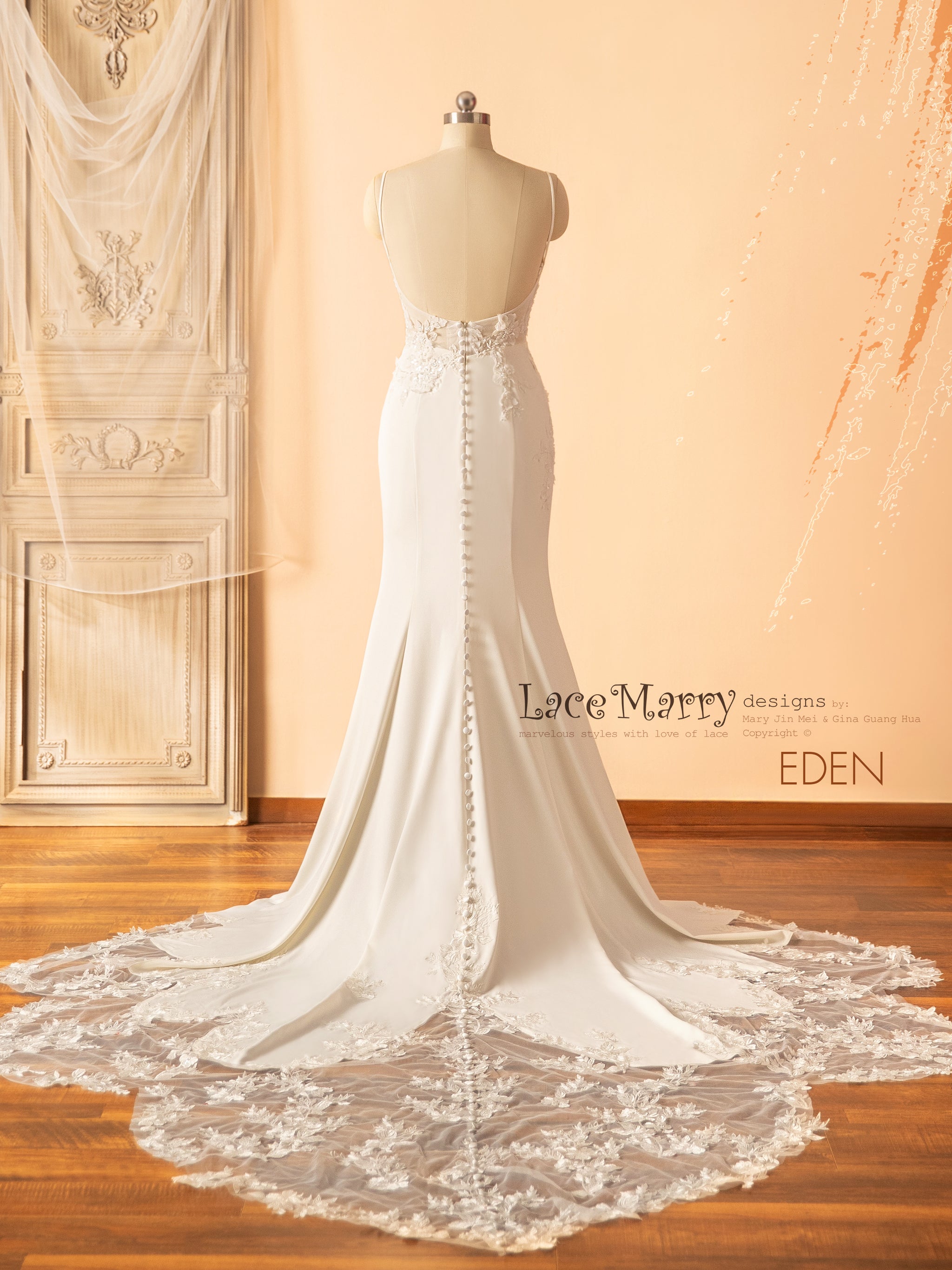 EDEN / Straight Neckline Wedding Dress with Romantic Lace Train - LaceMarry EDEN / Straight Neckline Wedding Dress with Romantic Lace Train - LaceMarry
