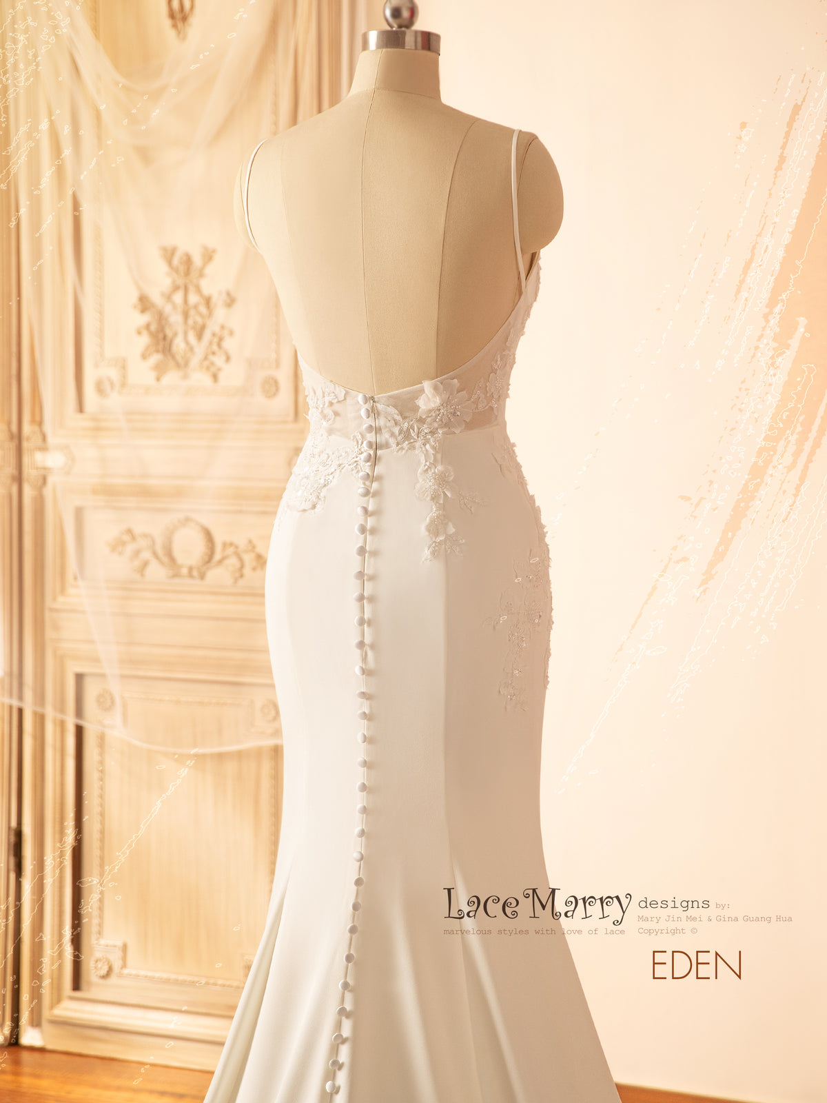 EDEN / Straight Neckline Wedding Dress with Romantic Lace Train
