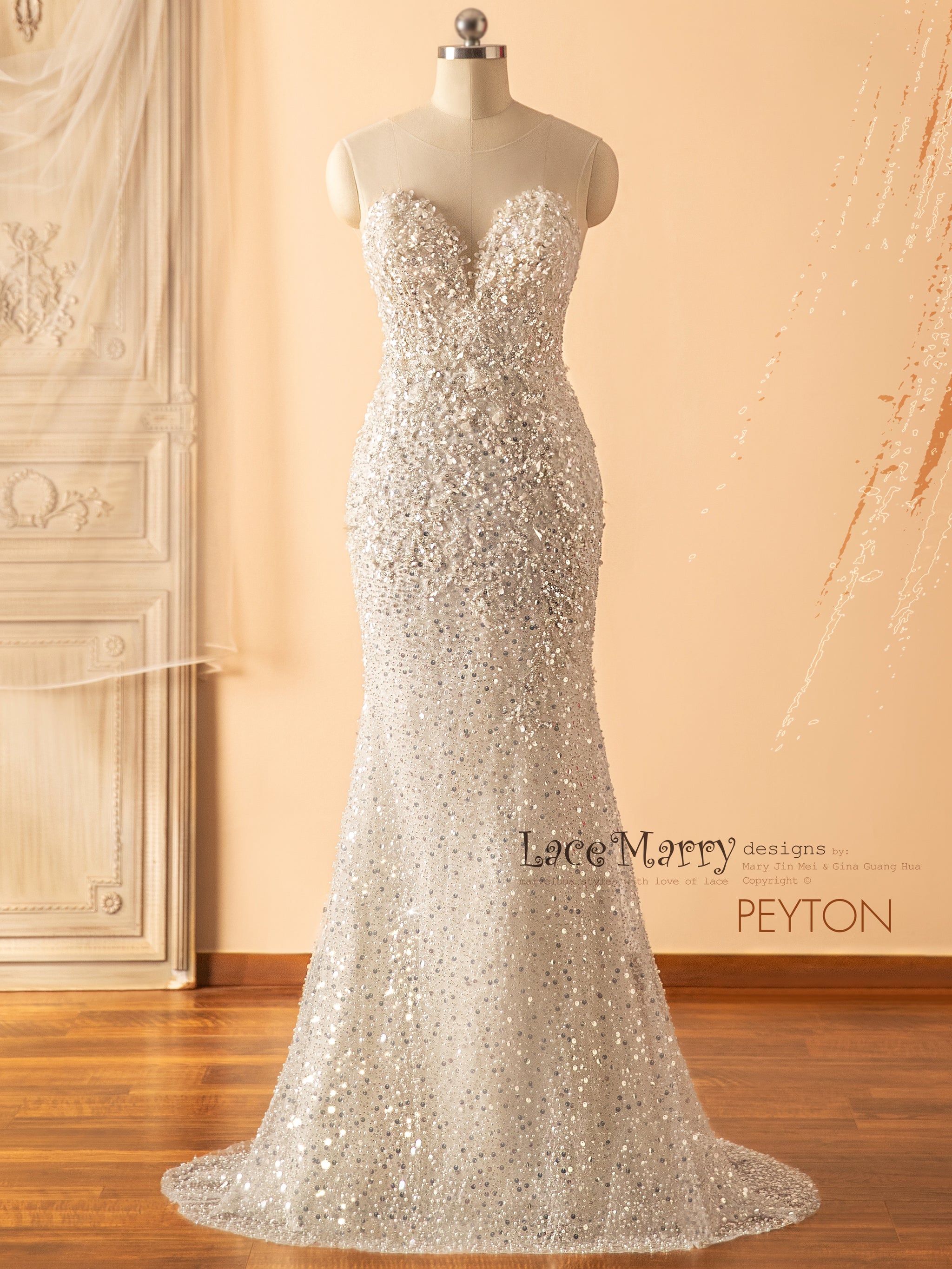 PEYTON / Plunge Neck Sparkling Wedding Dress with Keyhole Back - LaceMarry PEYTON / Plunge Neck Sparkling Wedding Dress with Keyhole Back - LaceMarry