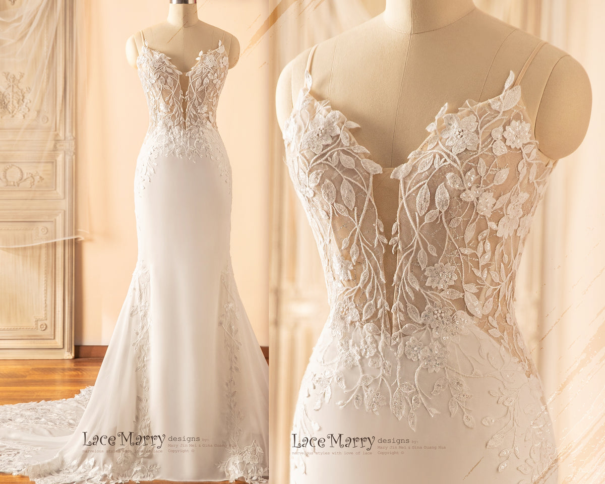 LUCIA / Deep Plunge Wedding Dress with Straps and Plain Chiffon Skirt