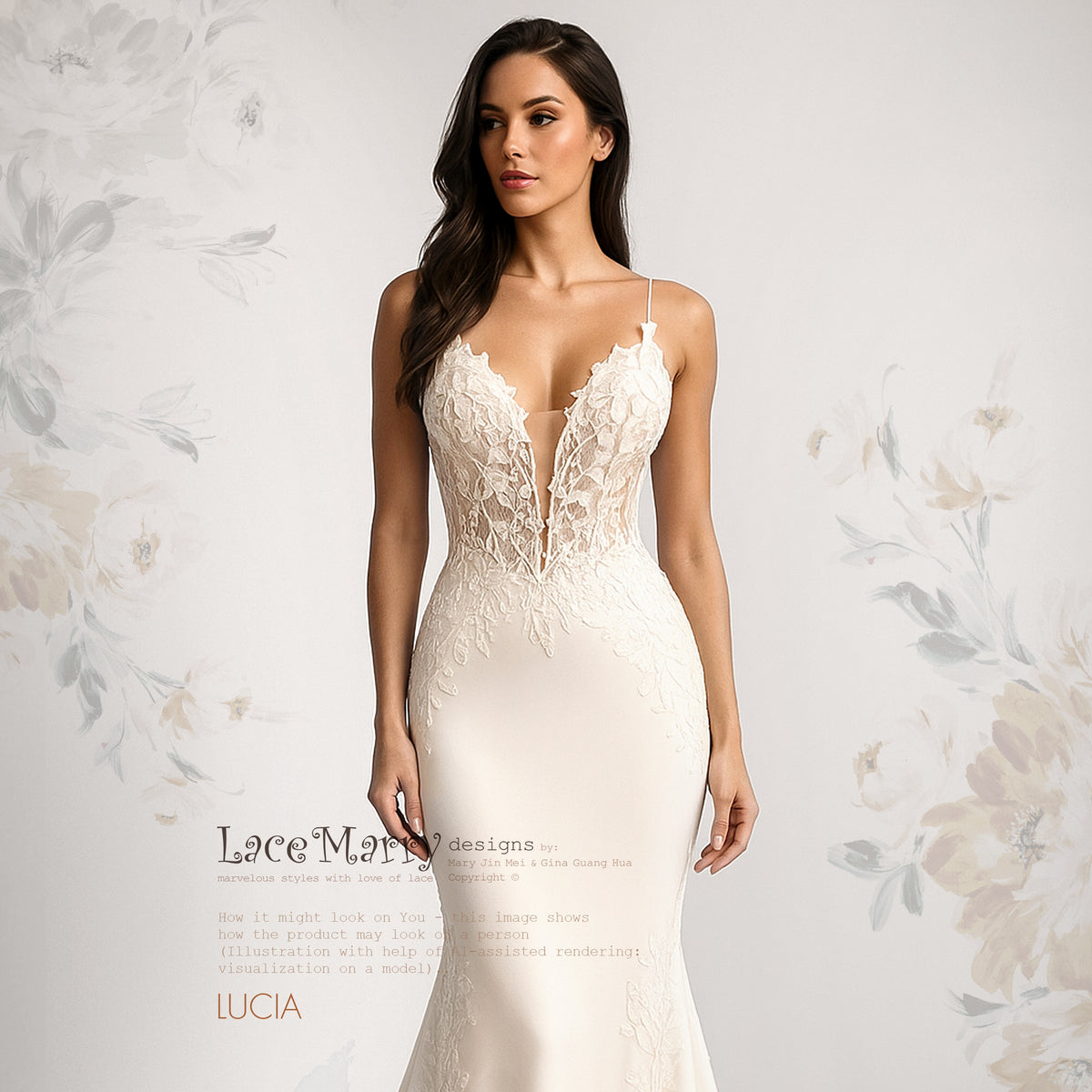LUCIA / Deep Plunge Wedding Dress with Straps and Plain Chiffon Skirt
