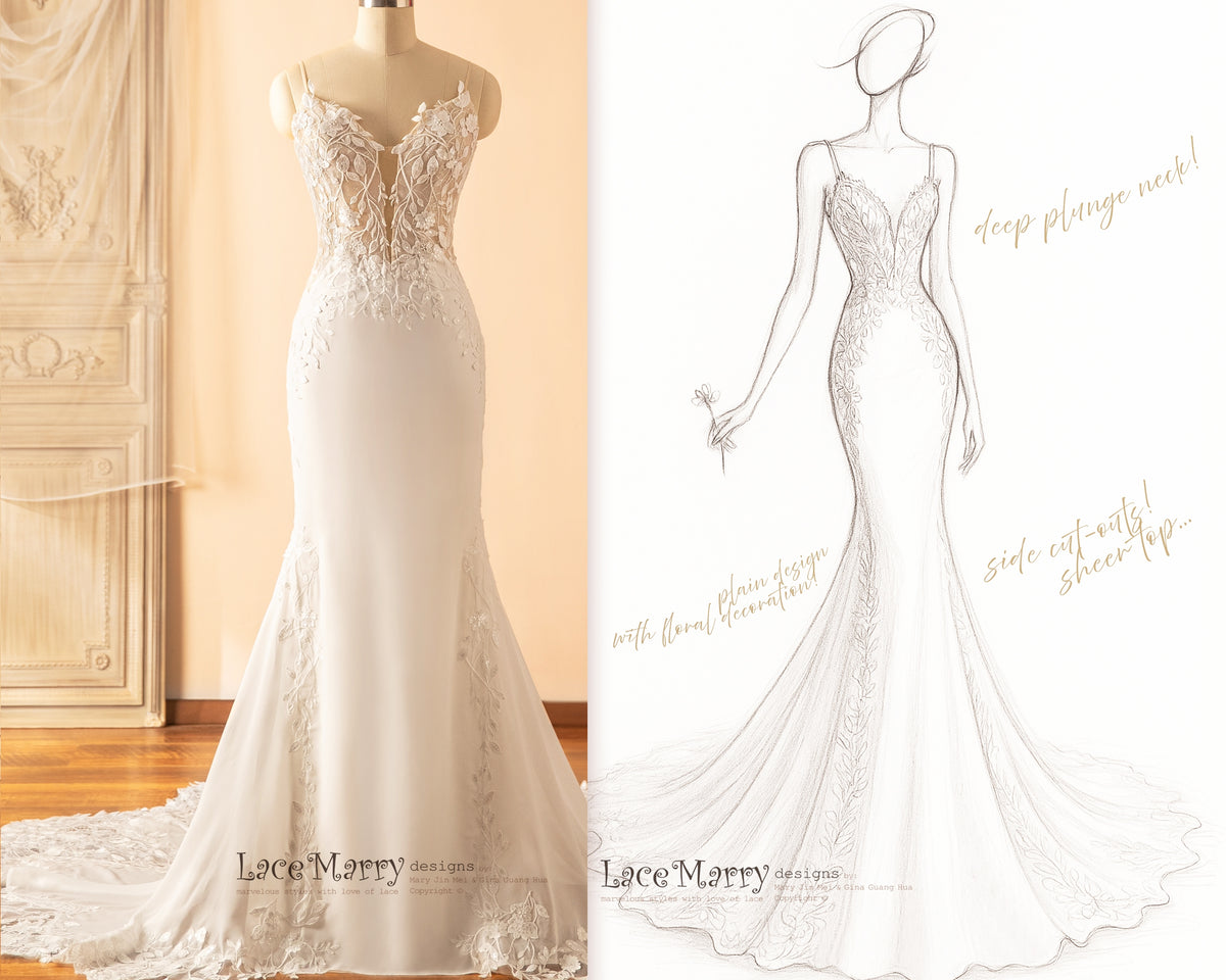 LUCIA / Deep Plunge Wedding Dress with Straps and Plain Chiffon Skirt