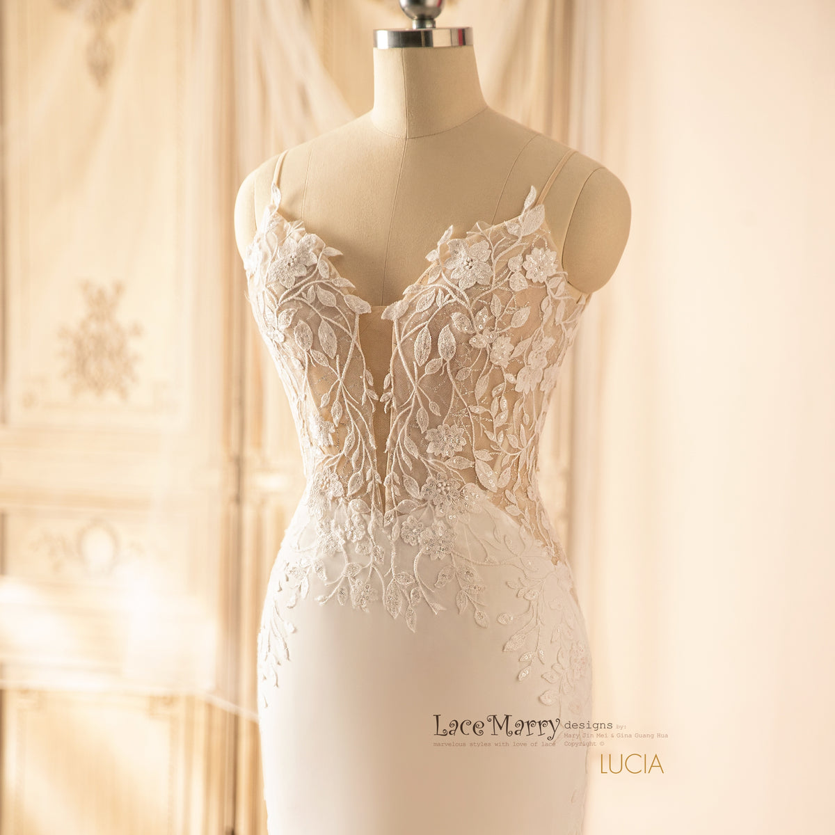 LUCIA / Deep Plunge Wedding Dress with Straps and Plain Chiffon Skirt