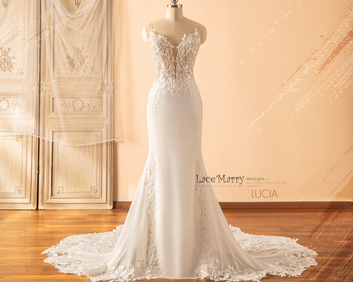 LUCIA / Deep Plunge Wedding Dress with Straps and Plain Chiffon Skirt
