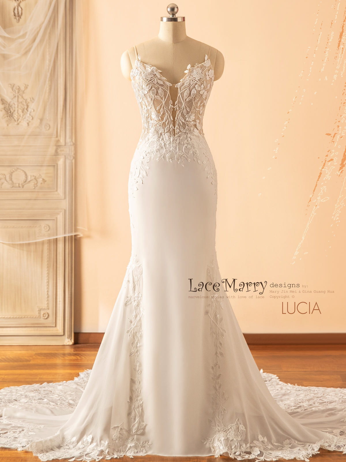 LUCIA / Deep Plunge Wedding Dress with Straps and Plain Chiffon Skirt