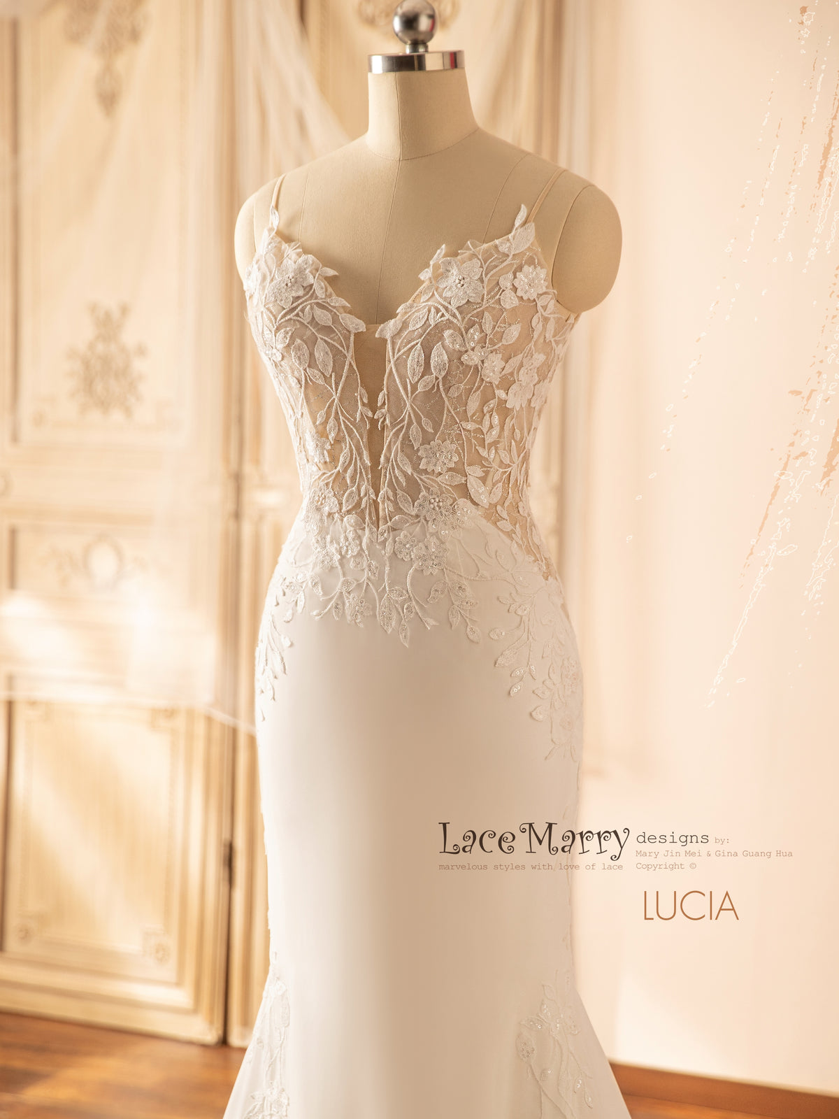 LUCIA / Deep Plunge Wedding Dress with Straps and Plain Chiffon Skirt