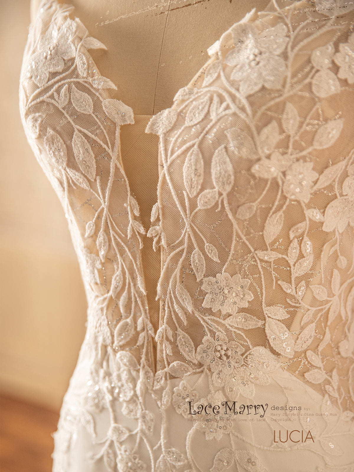 LUCIA / Deep Plunge Wedding Dress with Straps and Plain Chiffon Skirt