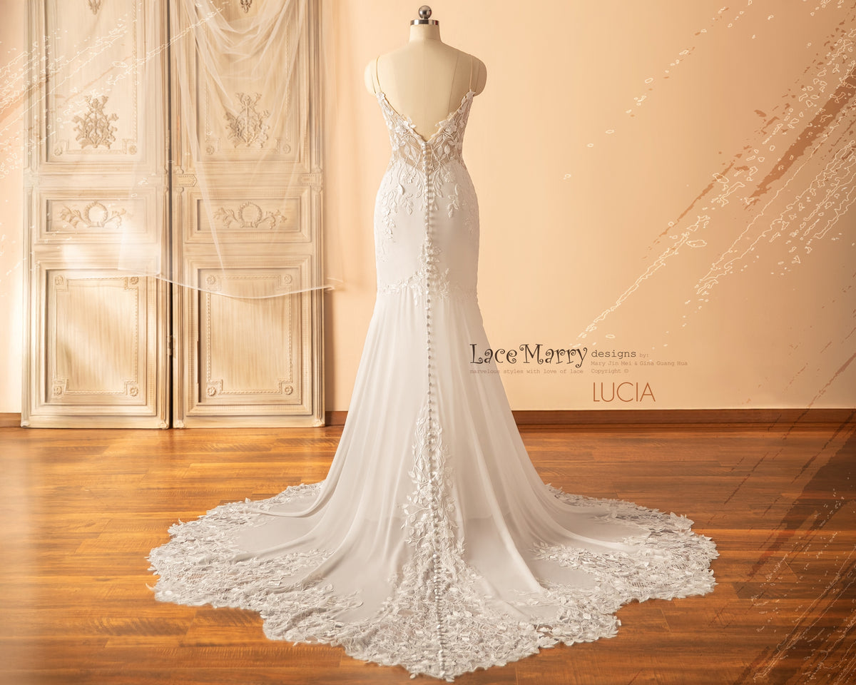 LUCIA / Deep Plunge Wedding Dress with Straps and Plain Chiffon Skirt