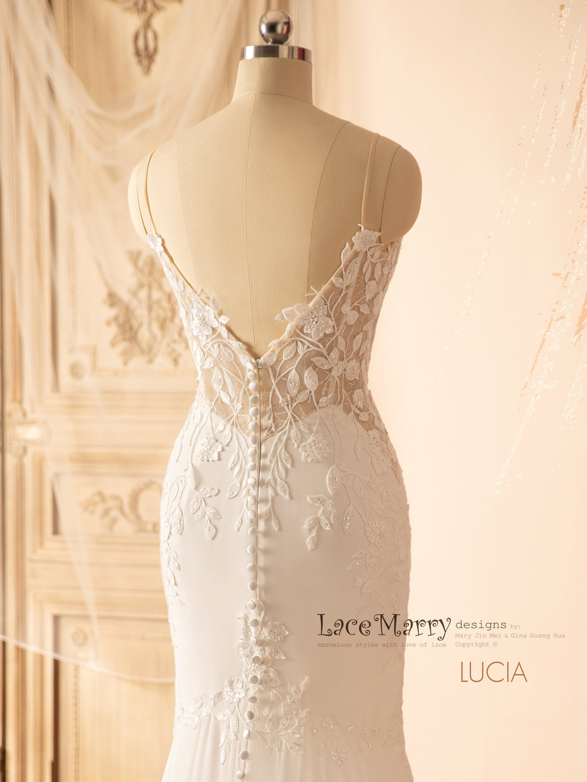 LUCIA / Deep Plunge Wedding Dress with Straps and Plain Chiffon Skirt