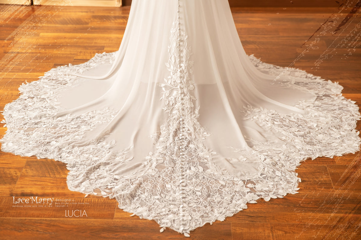 LUCIA / Deep Plunge Wedding Dress with Straps and Plain Chiffon Skirt