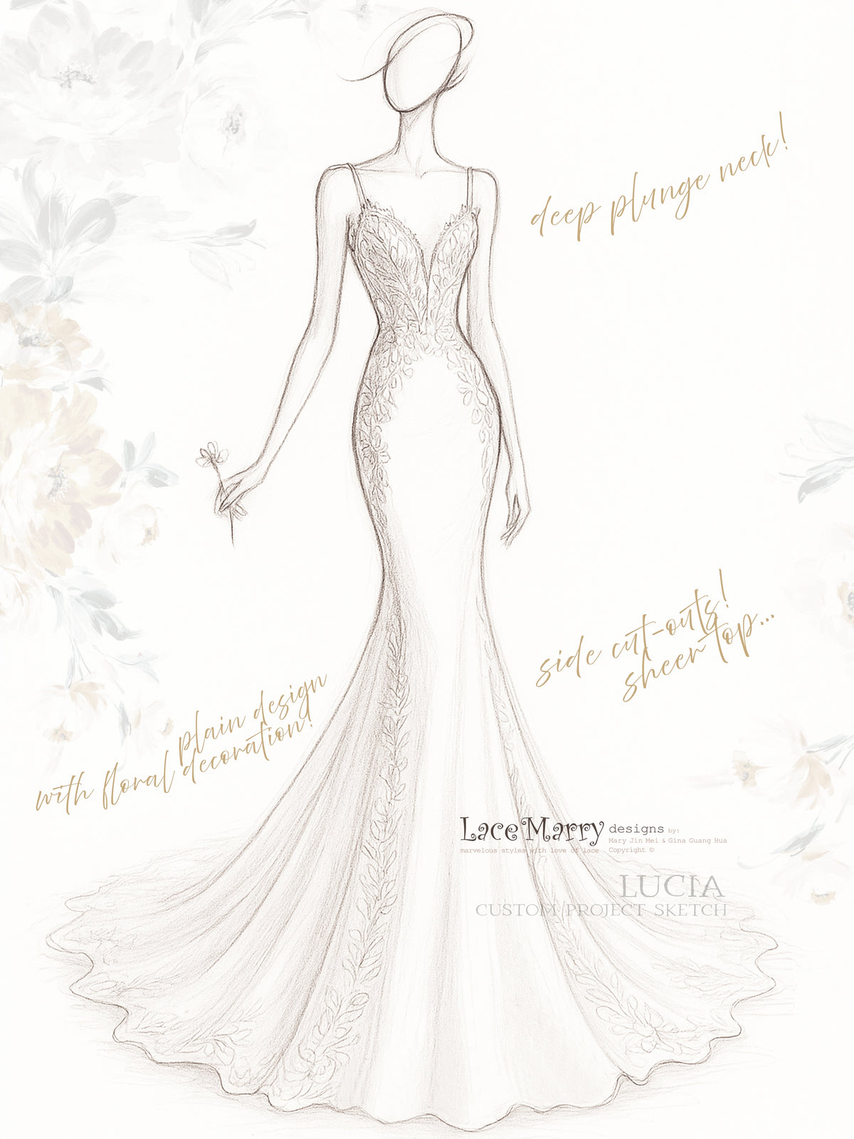LUCIA / Deep Plunge Wedding Dress with Straps and Plain Chiffon Skirt