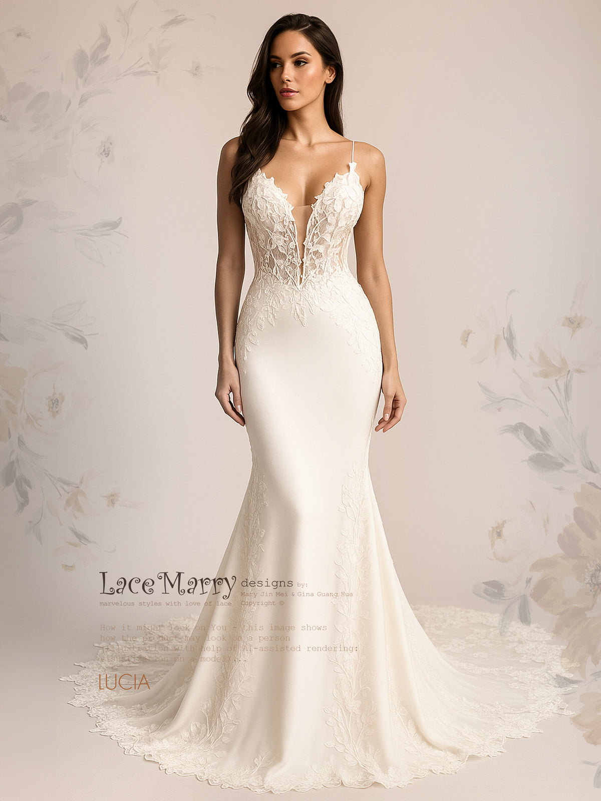 LUCIA / Deep Plunge Wedding Dress with Straps and Plain Chiffon Skirt