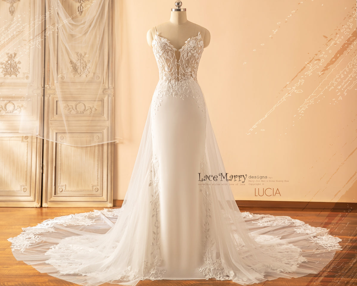 LUCIA / Deep Plunge Wedding Dress with Straps and Plain Chiffon Skirt