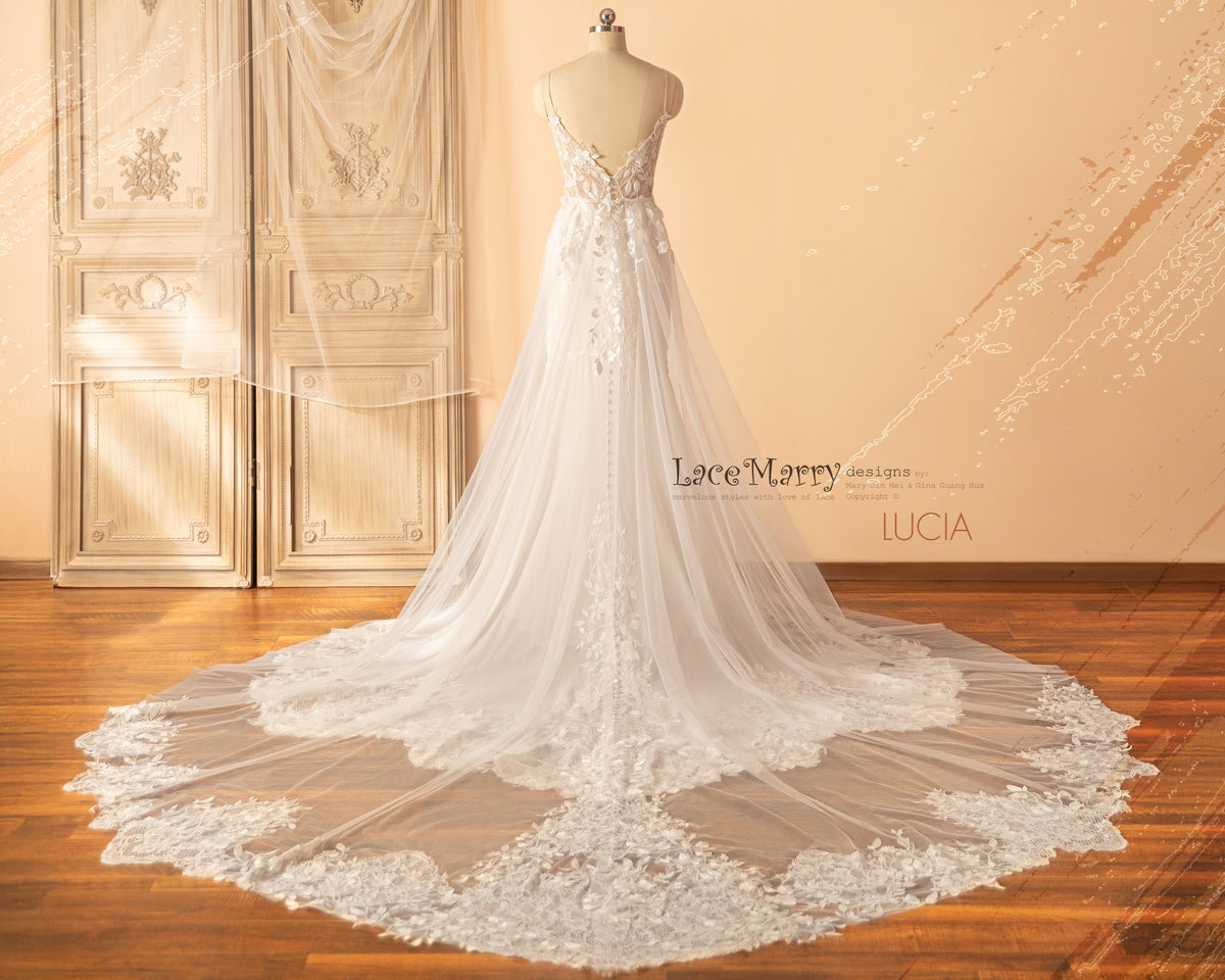 LUCIA / Deep Plunge Wedding Dress with Straps and Plain Chiffon Skirt