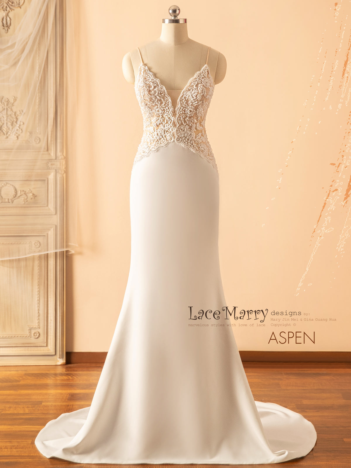 ASPEN / Deep Plunge Beaded Wedding Dress with Plain Fitted Skirt