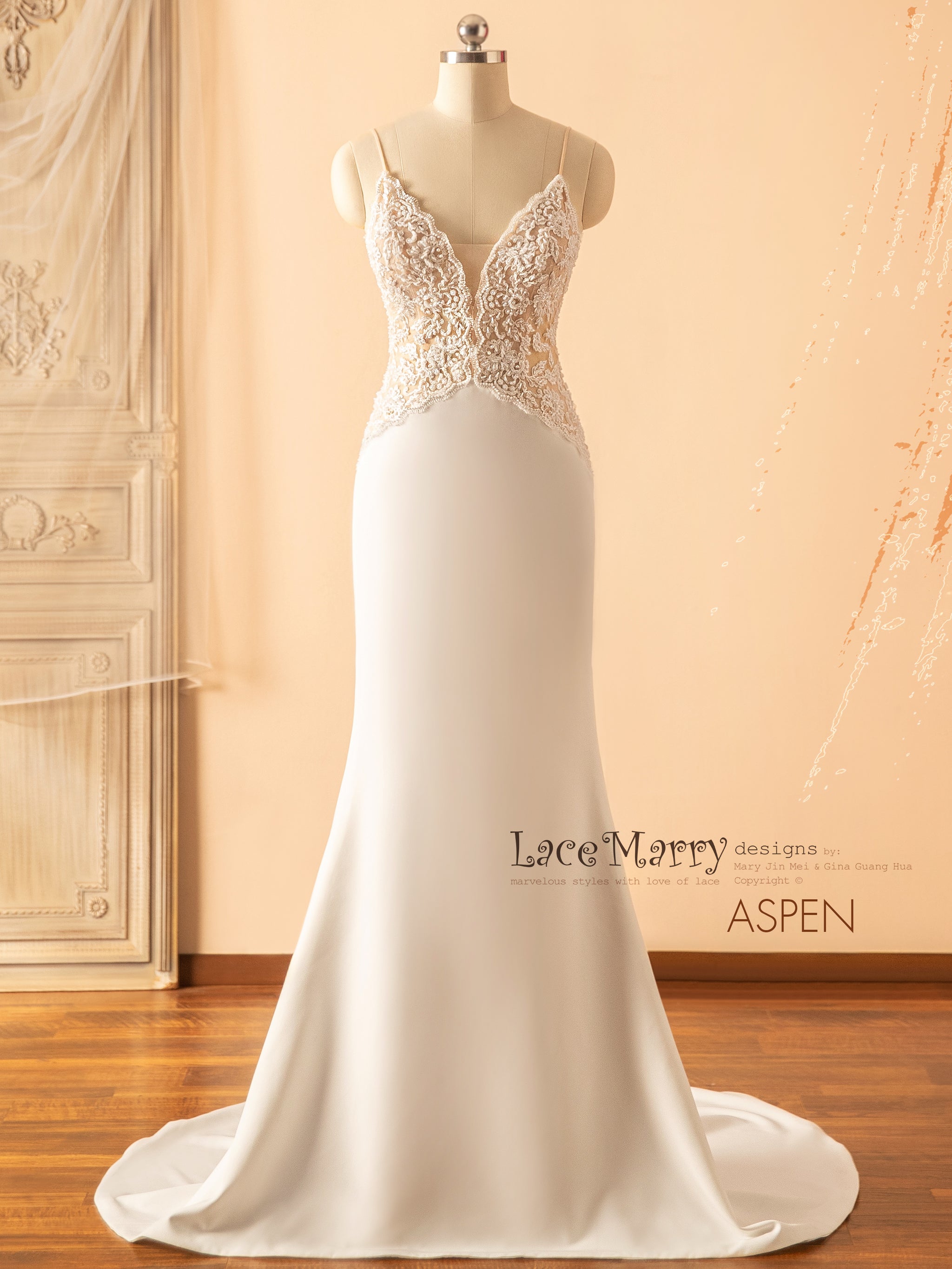 ASPEN / Deep Plunge Beaded Wedding Dress with Plain Fitted Skirt - LaceMarry ASPEN / Deep Plunge Beaded Wedding Dress with Plain Fitted Skirt - LaceMarry