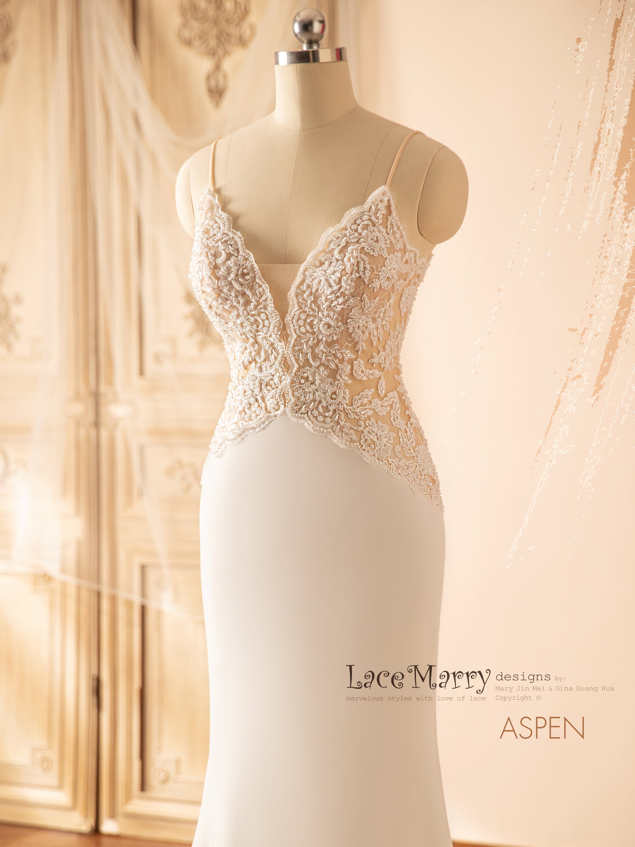 ASPEN / Deep Plunge Beaded Wedding Dress with Plain Fitted Skirt - LaceMarry ASPEN / Deep Plunge Beaded Wedding Dress with Plain Fitted Skirt - LaceMarry