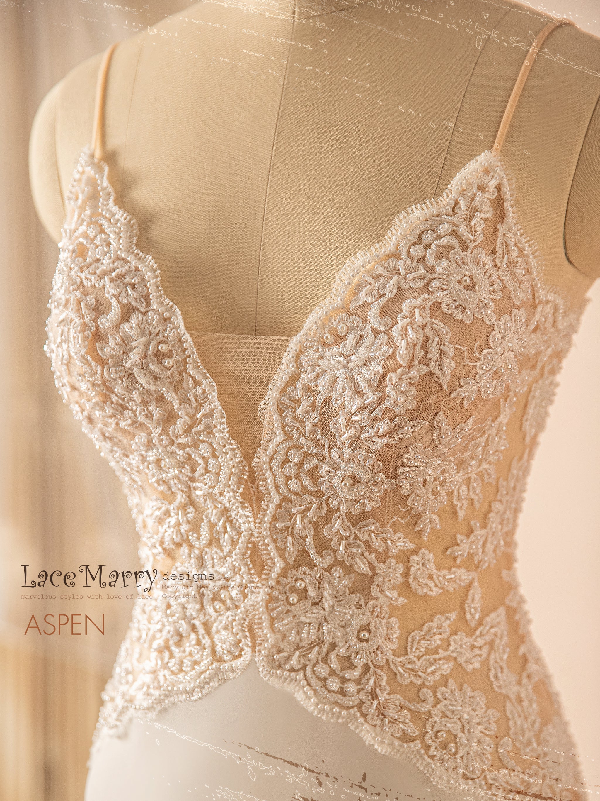 ASPEN / Deep Plunge Beaded Wedding Dress with Plain Fitted Skirt - LaceMarry ASPEN / Deep Plunge Beaded Wedding Dress with Plain Fitted Skirt - LaceMarry
