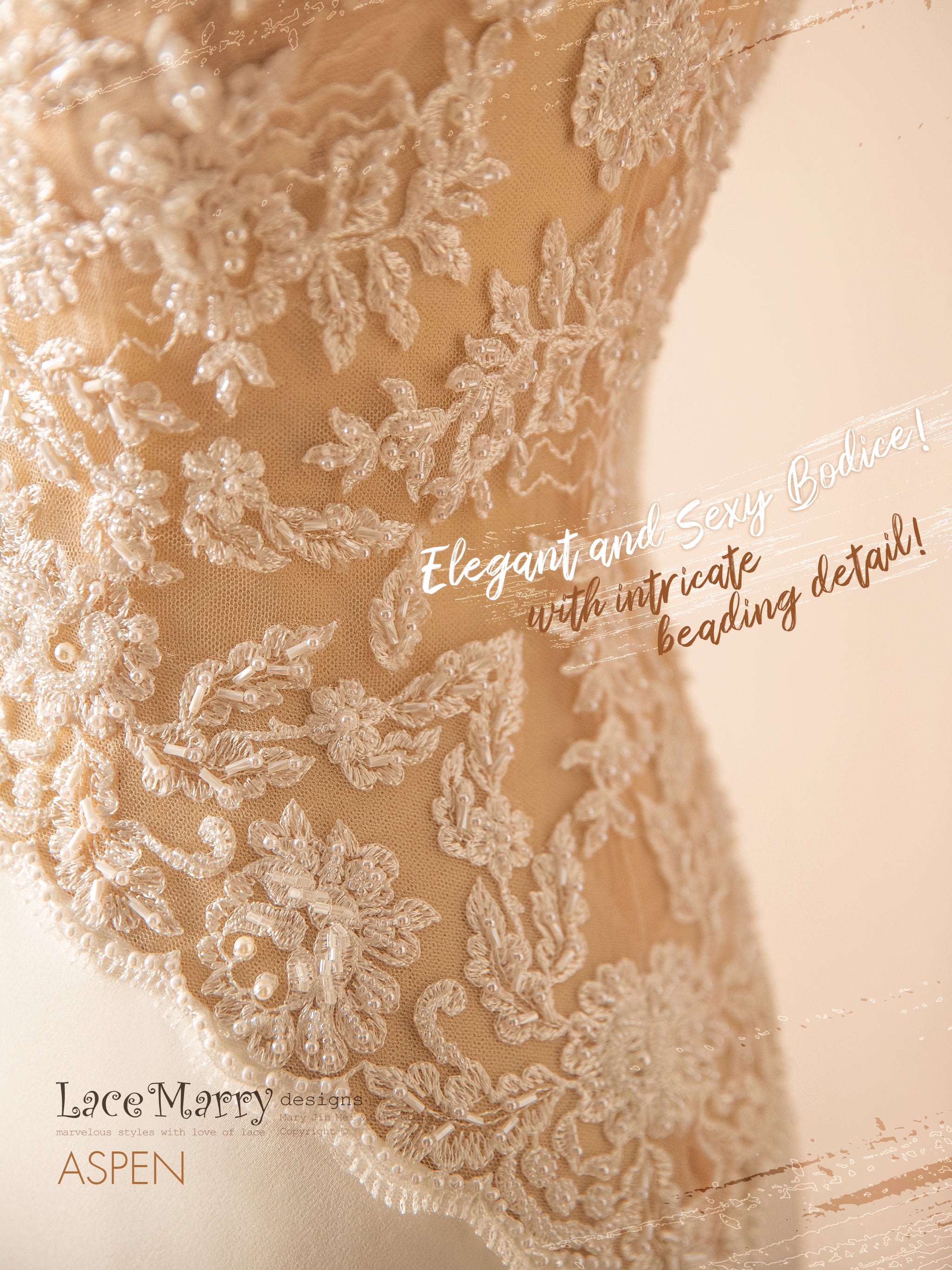 ASPEN / Deep Plunge Beaded Wedding Dress with Plain Fitted Skirt - LaceMarry ASPEN / Deep Plunge Beaded Wedding Dress with Plain Fitted Skirt - LaceMarry