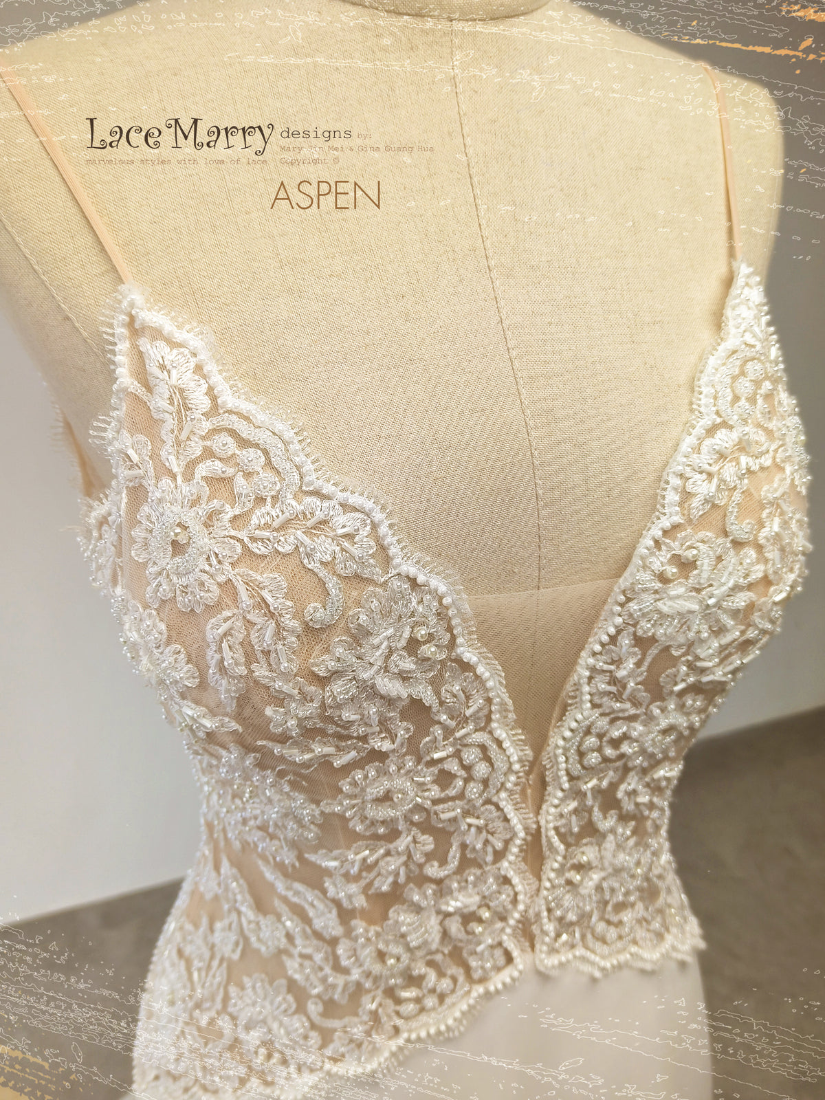 ASPEN / Deep Plunge Beaded Wedding Dress with Plain Fitted Skirt