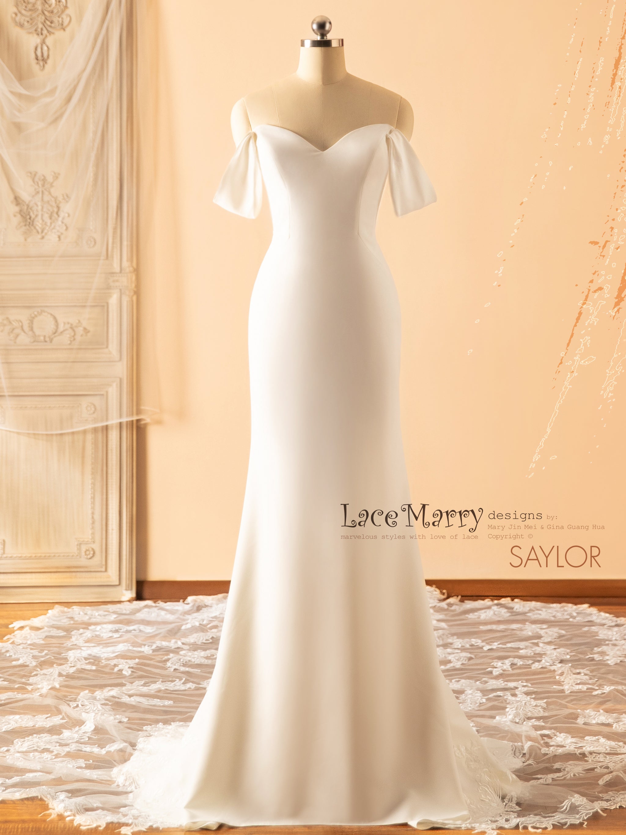 SAYLOR / Plain Wedding Dress with Long Lace Train - LaceMarry SAYLOR / Plain Wedding Dress with Long Lace Train - LaceMarry