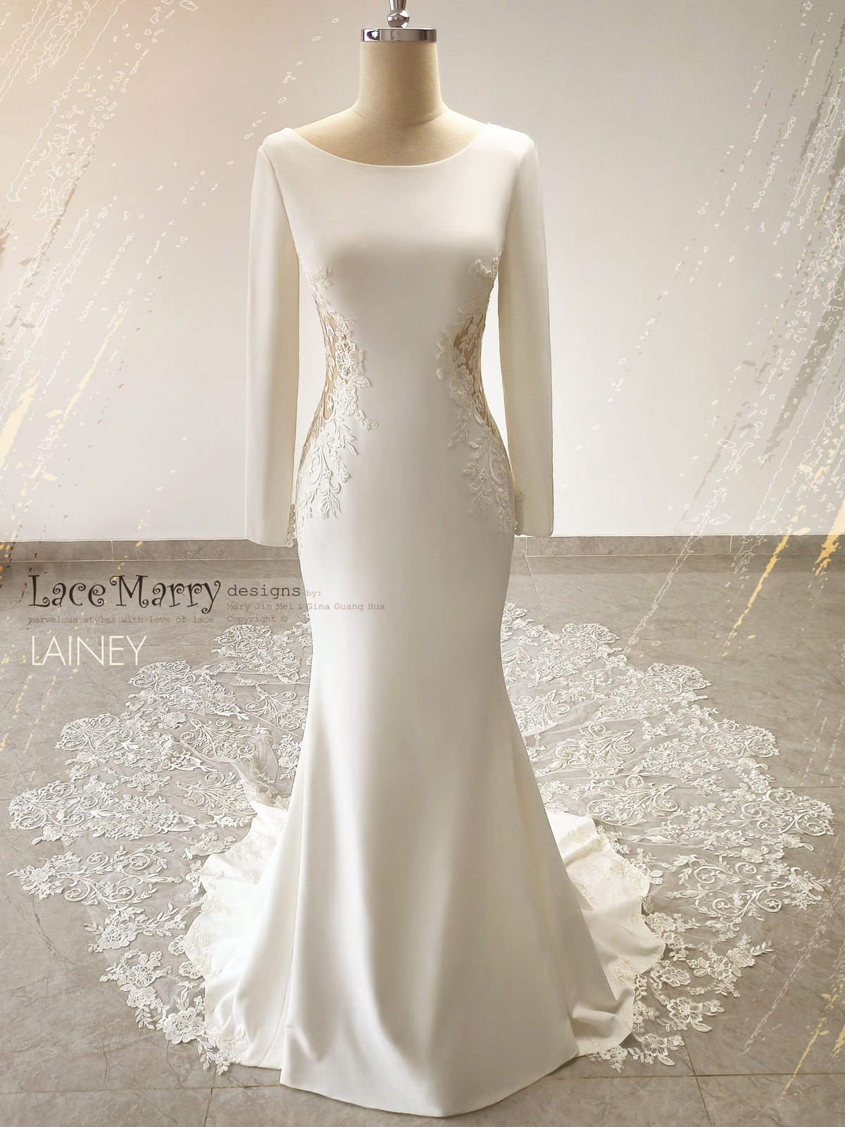 LAINEY / Ivory Lace Train Wedding Dress