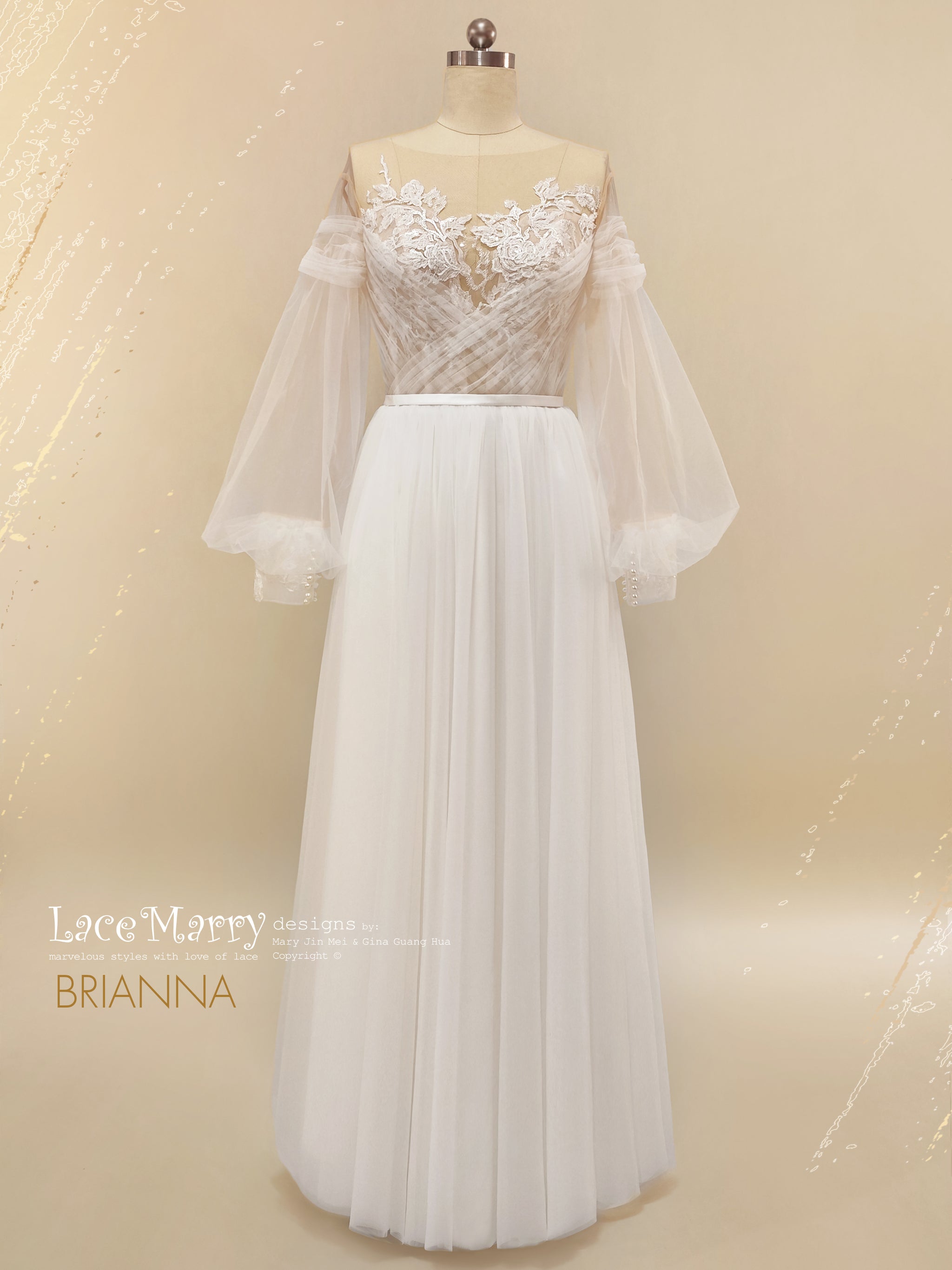 long balloon sleeve wedding dress Pearls Organza Satin Wedding Dresses Long Puff Sleeve A Line Bridal Go TANYA BRIDAL