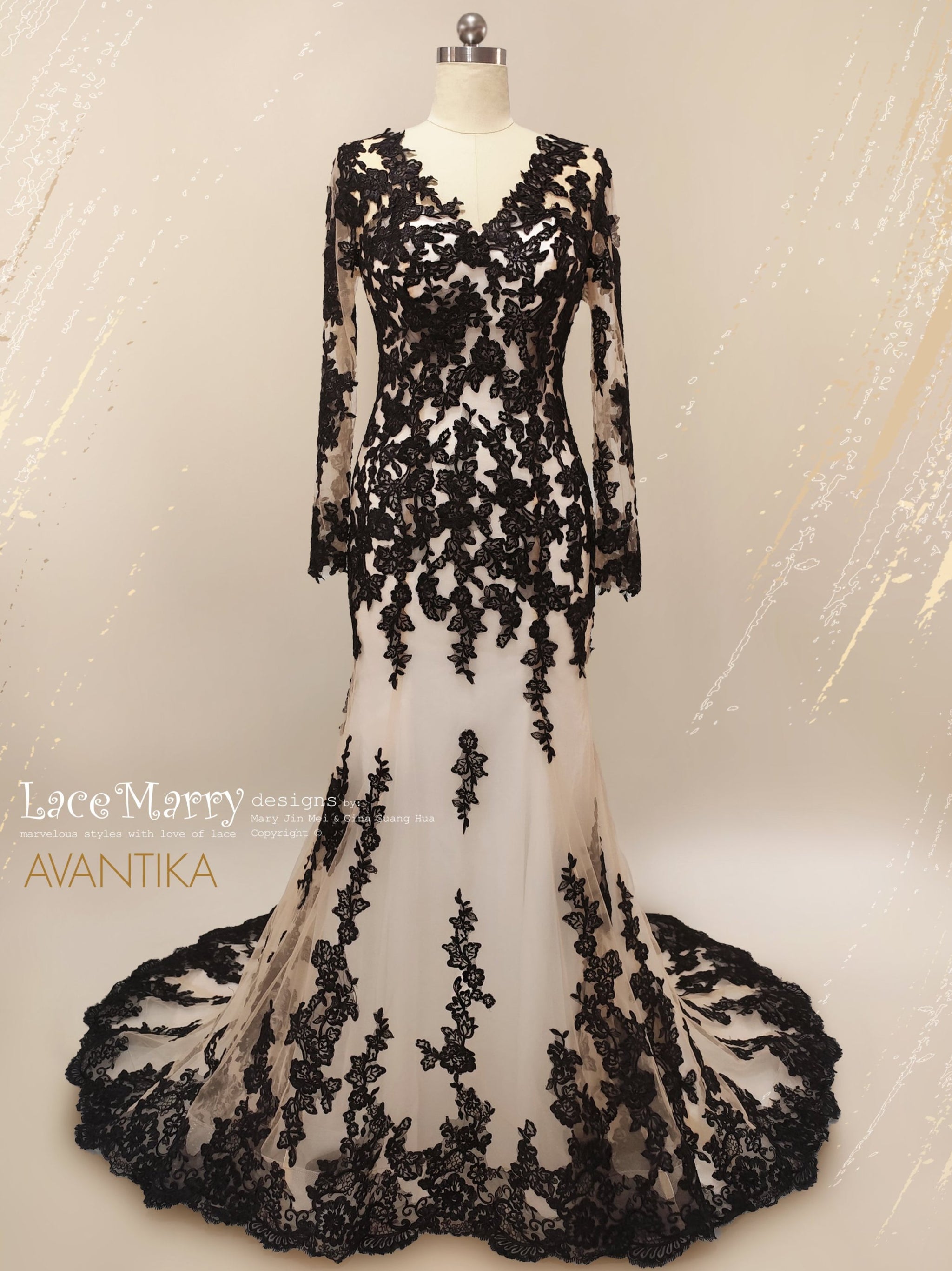 AVANTIKA / Black Wedding Dress with Nude Lining and Long Sleeves - LaceMarry AVANTIKA / Black Wedding Dress with Nude Lining and Long Sleeves - LaceMarry