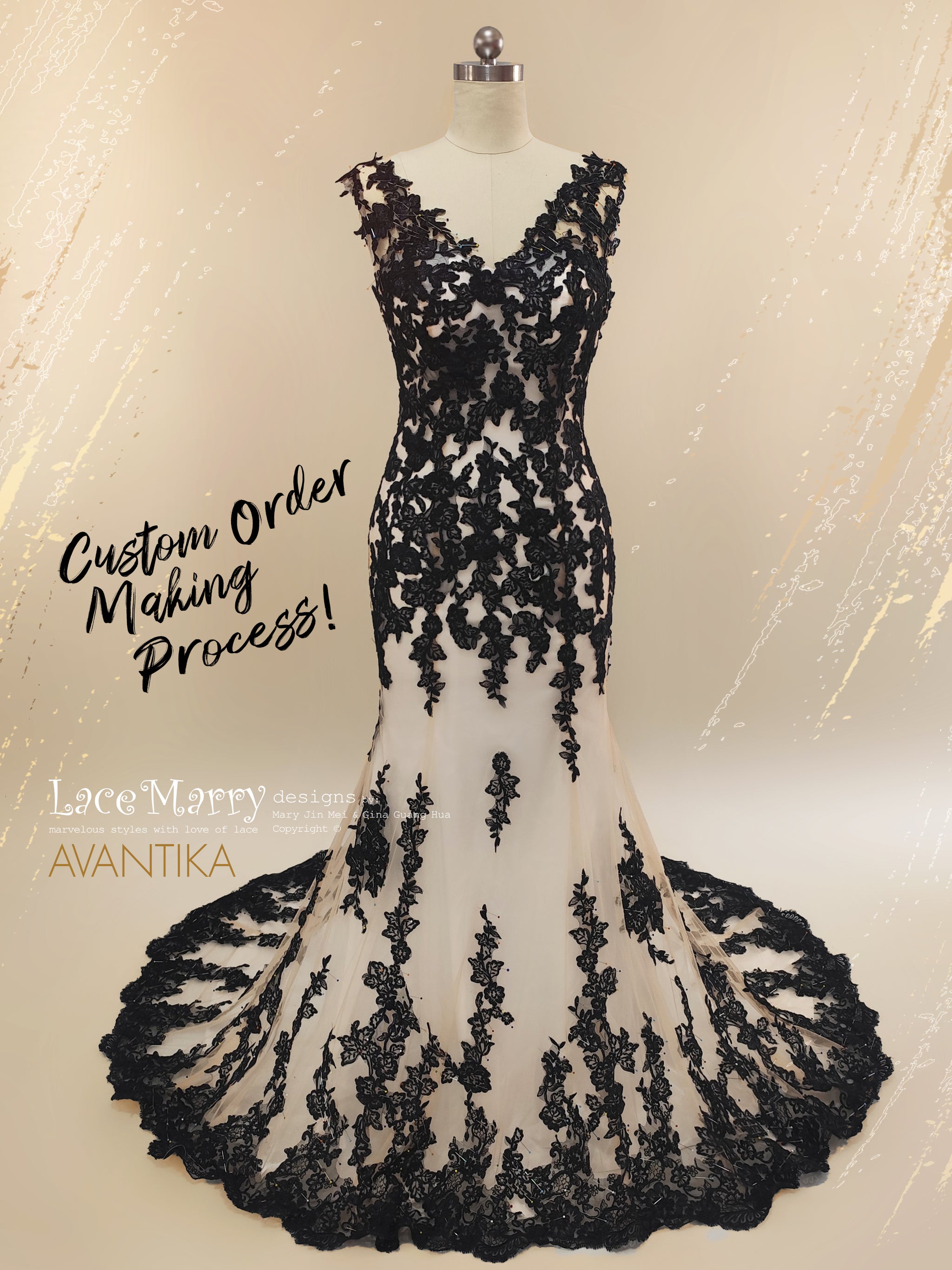 AVANTIKA / Black Wedding Dress with Nude Lining and Long Sleeves - LaceMarry AVANTIKA / Black Wedding Dress with Nude Lining and Long Sleeves - LaceMarry