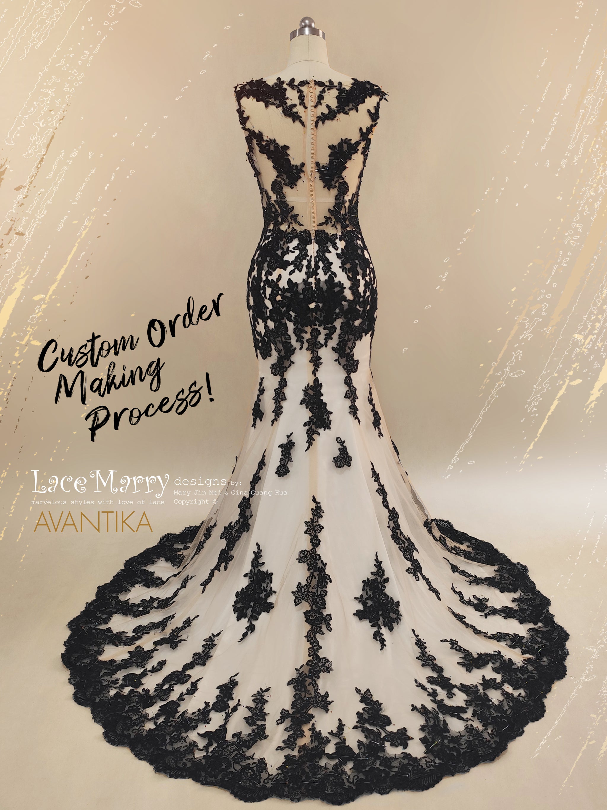 AVANTIKA / Black Wedding Dress with Nude Lining and Long Sleeves - LaceMarry AVANTIKA / Black Wedding Dress with Nude Lining and Long Sleeves - LaceMarry