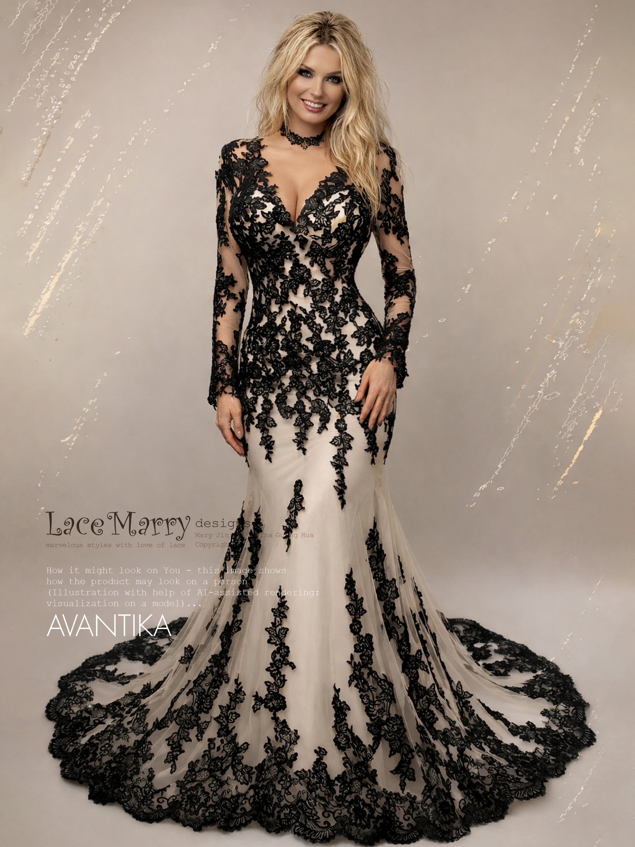 AVANTIKA / Black Wedding Dress with Nude Lining and Long Sleeves - LaceMarry AVANTIKA / Black Wedding Dress with Nude Lining and Long Sleeves - LaceMarry
