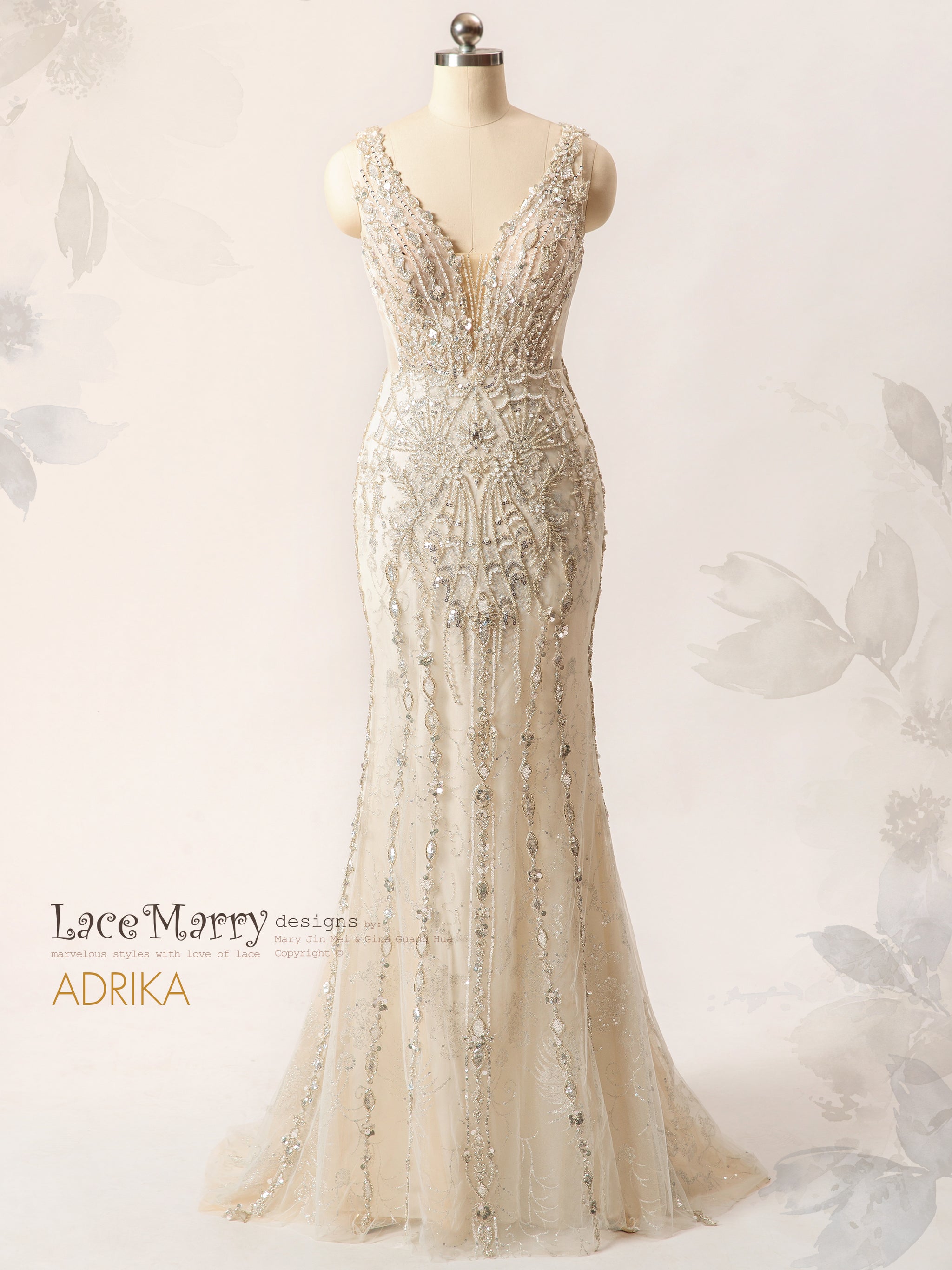 ADRIKA / Fit and Flare Embellished Wedding Dress with Plunge Neck - LaceMarry ADRIKA / Fit and Flare Embellished Wedding Dress with Plunge Neck - LaceMarry