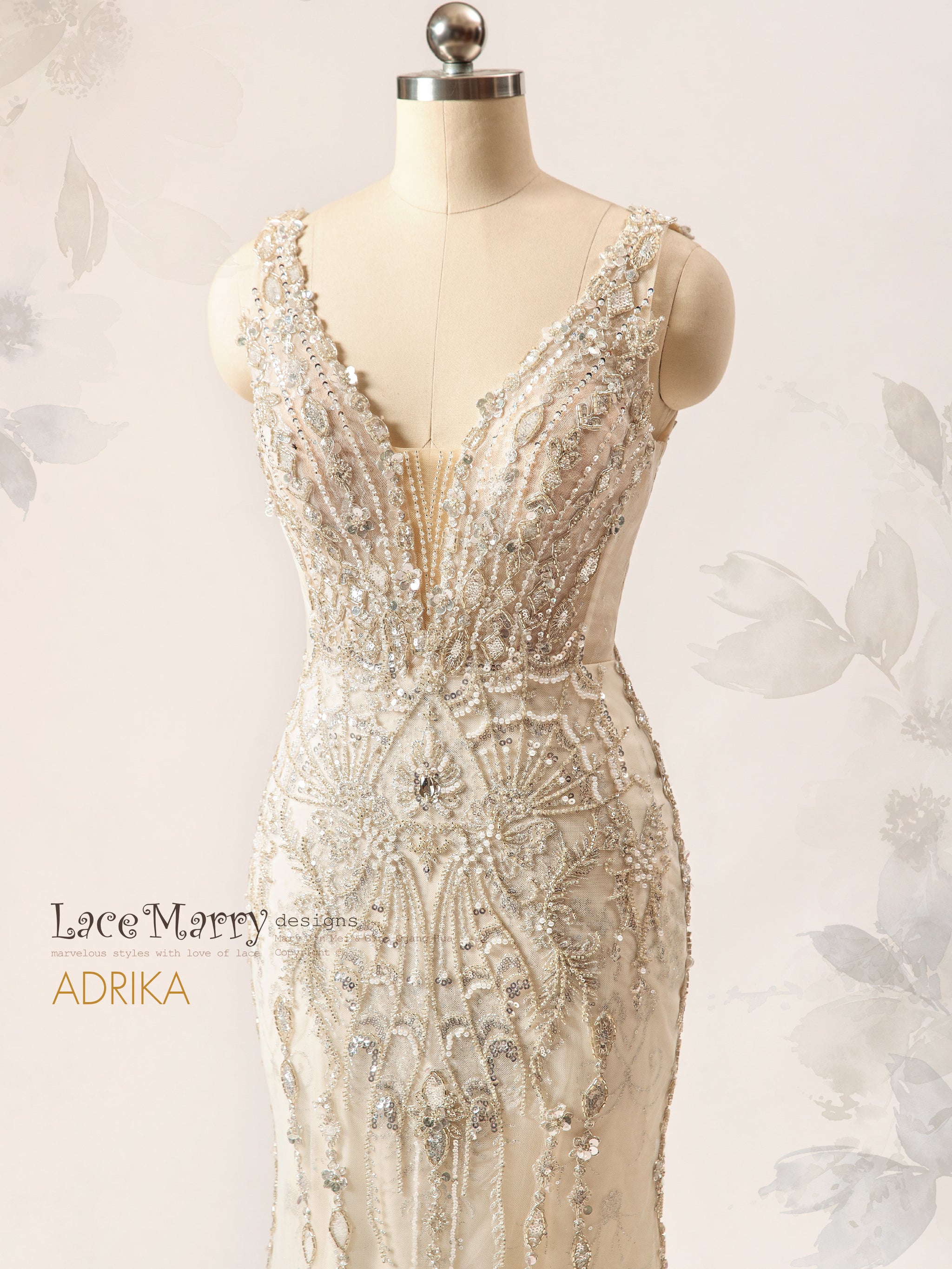ADRIKA / Fit and Flare Embellished Wedding Dress with Plunge Neck - LaceMarry ADRIKA / Fit and Flare Embellished Wedding Dress with Plunge Neck - LaceMarry
