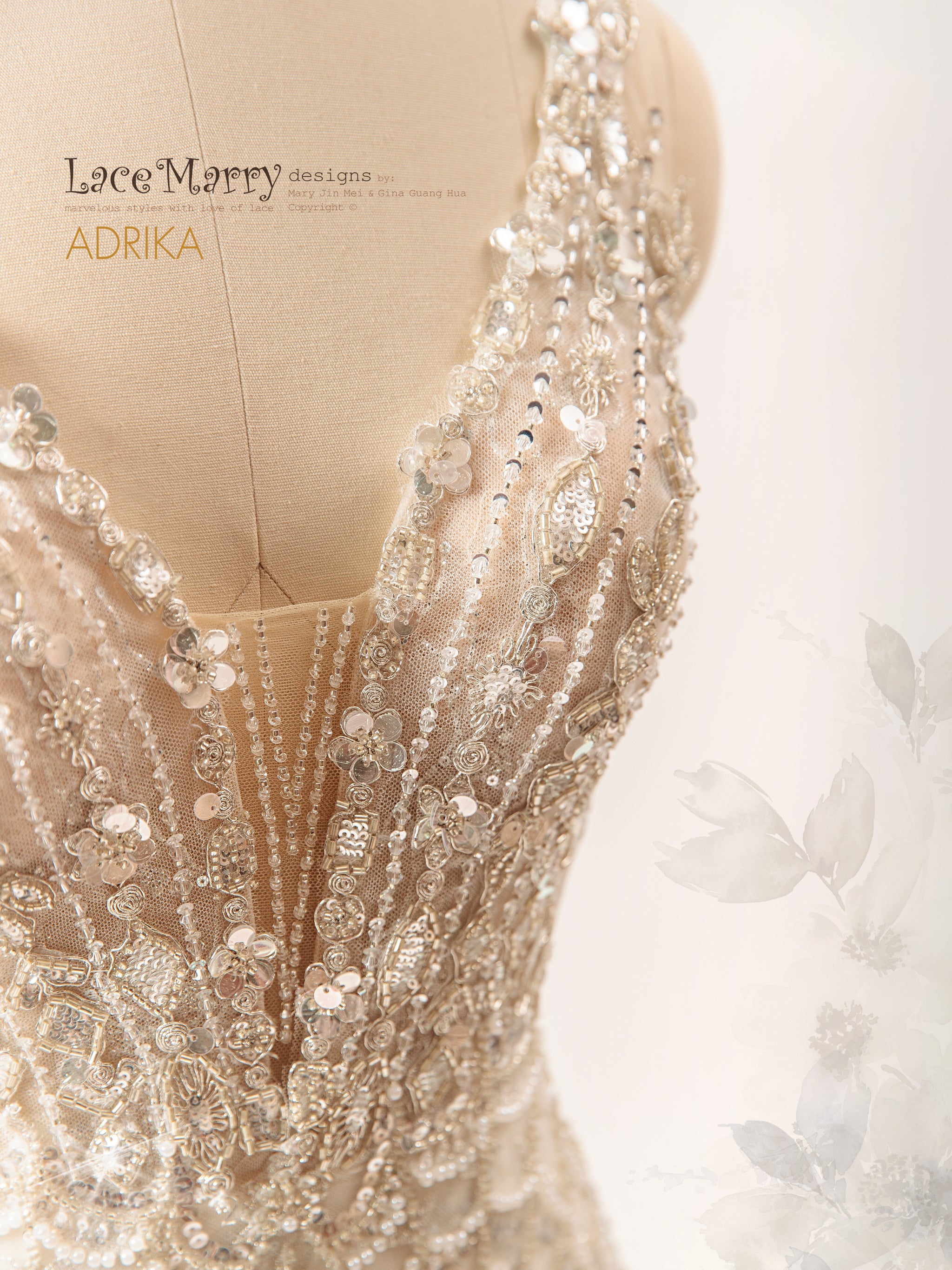 ADRIKA / Fit and Flare Embellished Wedding Dress with Plunge Neck - LaceMarry ADRIKA / Fit and Flare Embellished Wedding Dress with Plunge Neck - LaceMarry