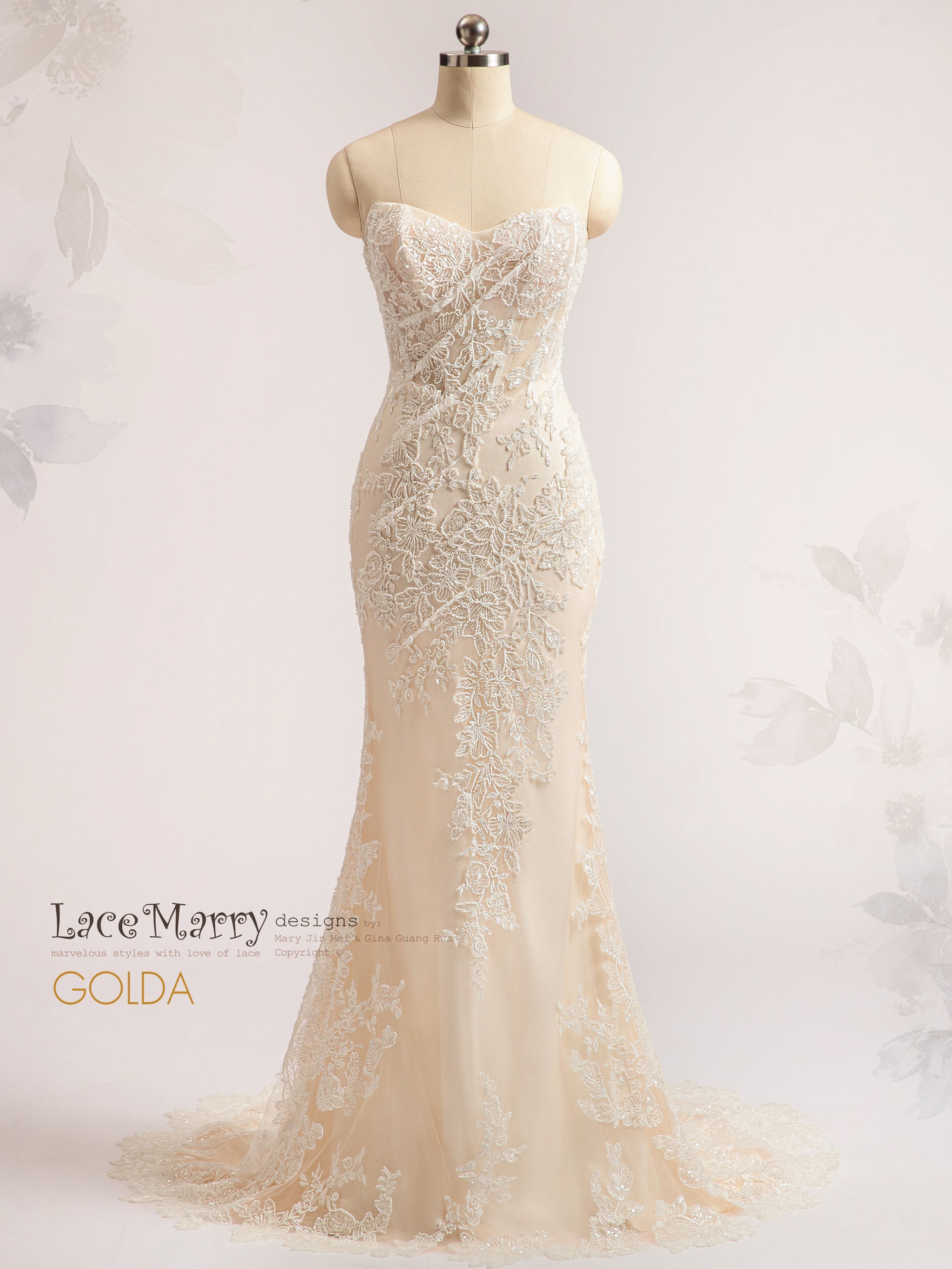 GOLDA / Beaded Floral Wedding Dress with Removable Sleeves - LaceMarry GOLDA / Beaded Floral Wedding Dress with Removable Sleeves - LaceMarry