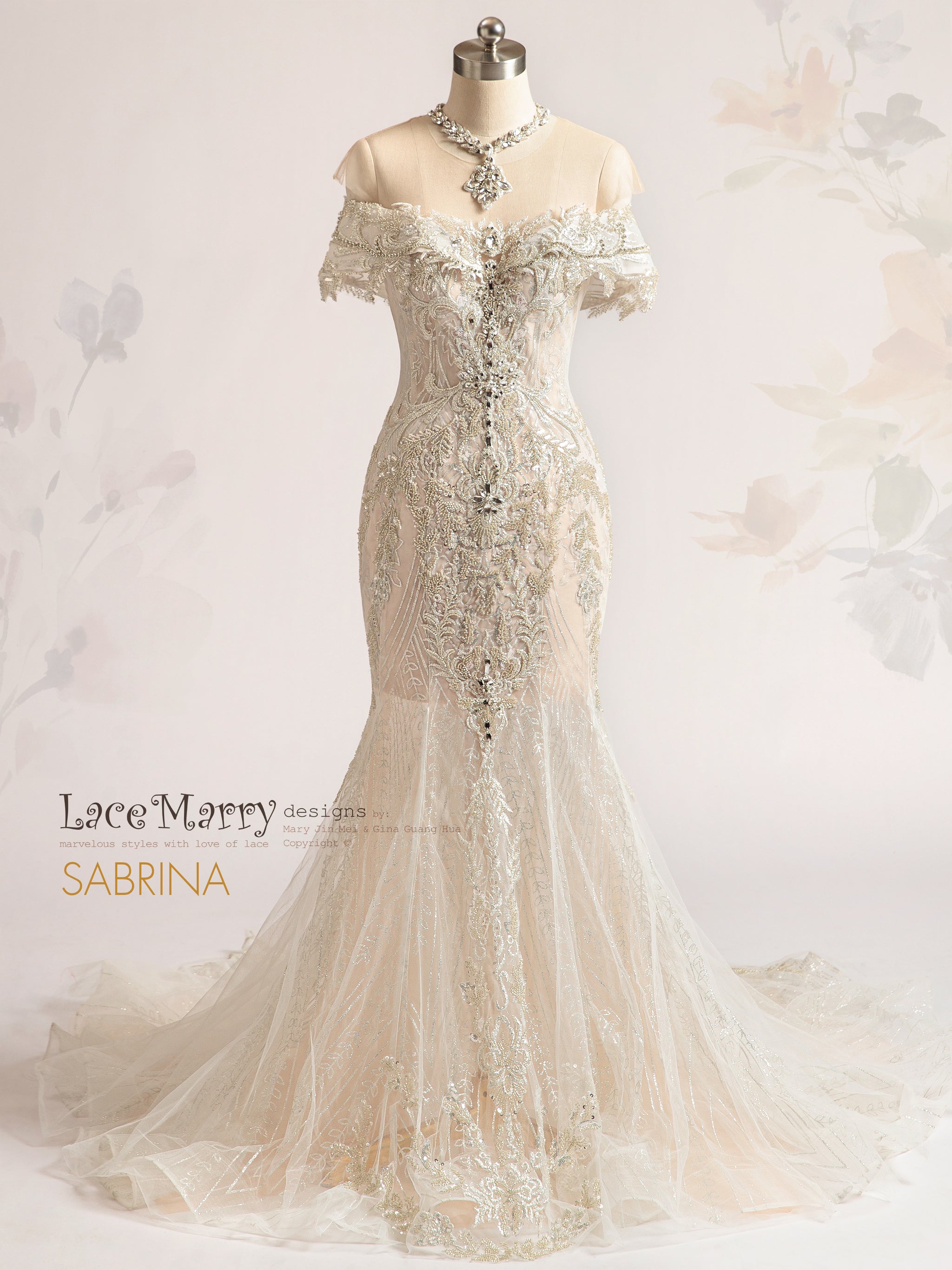 SABRINA / Off Shoulder Embellished Wedding Dress with Necklace - LaceMarry SABRINA / Off Shoulder Embellished Wedding Dress with Necklace - LaceMarry