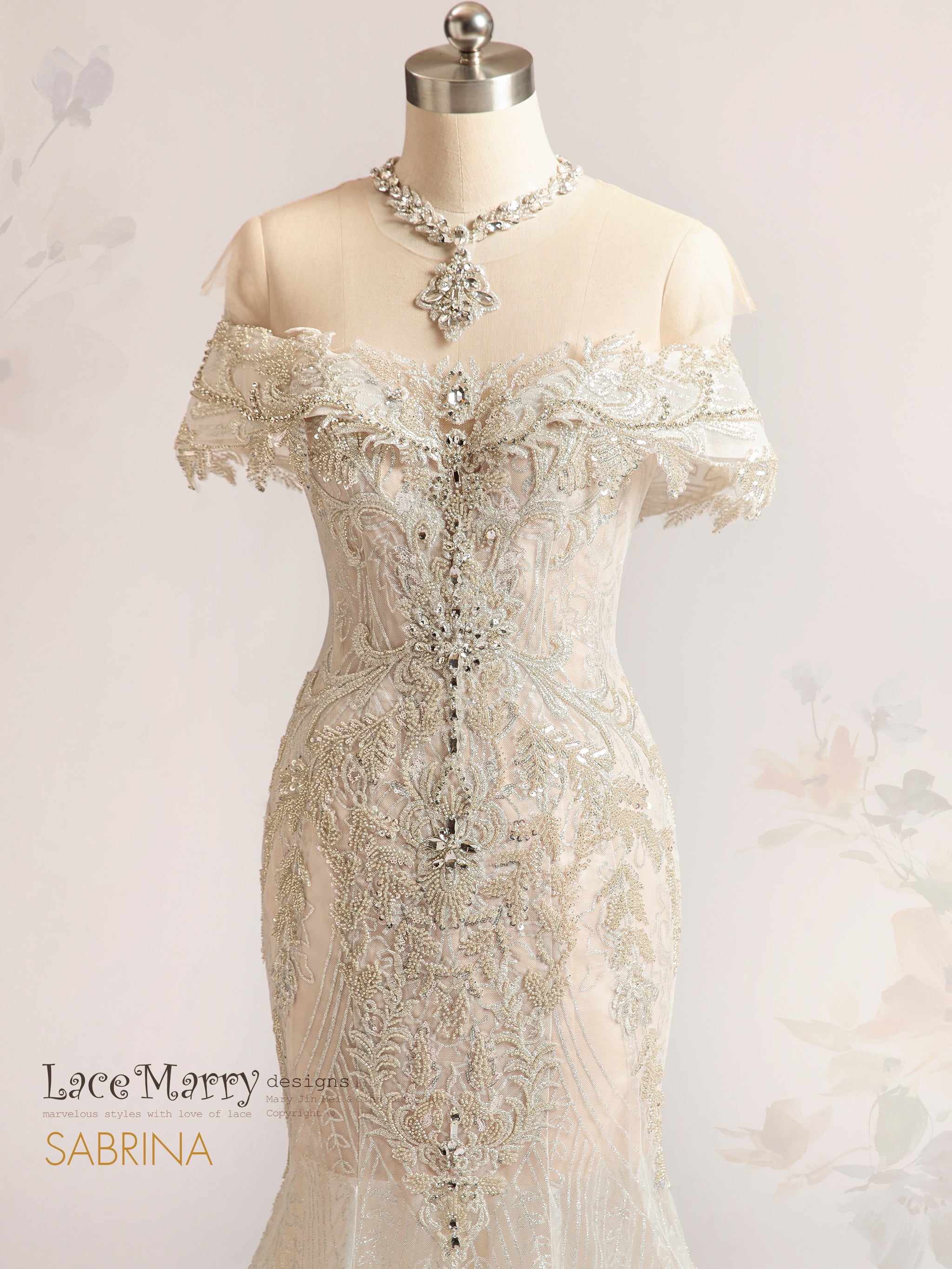 SABRINA / Off Shoulder Embellished Wedding Dress with Necklace - LaceMarry SABRINA / Off Shoulder Embellished Wedding Dress with Necklace - LaceMarry