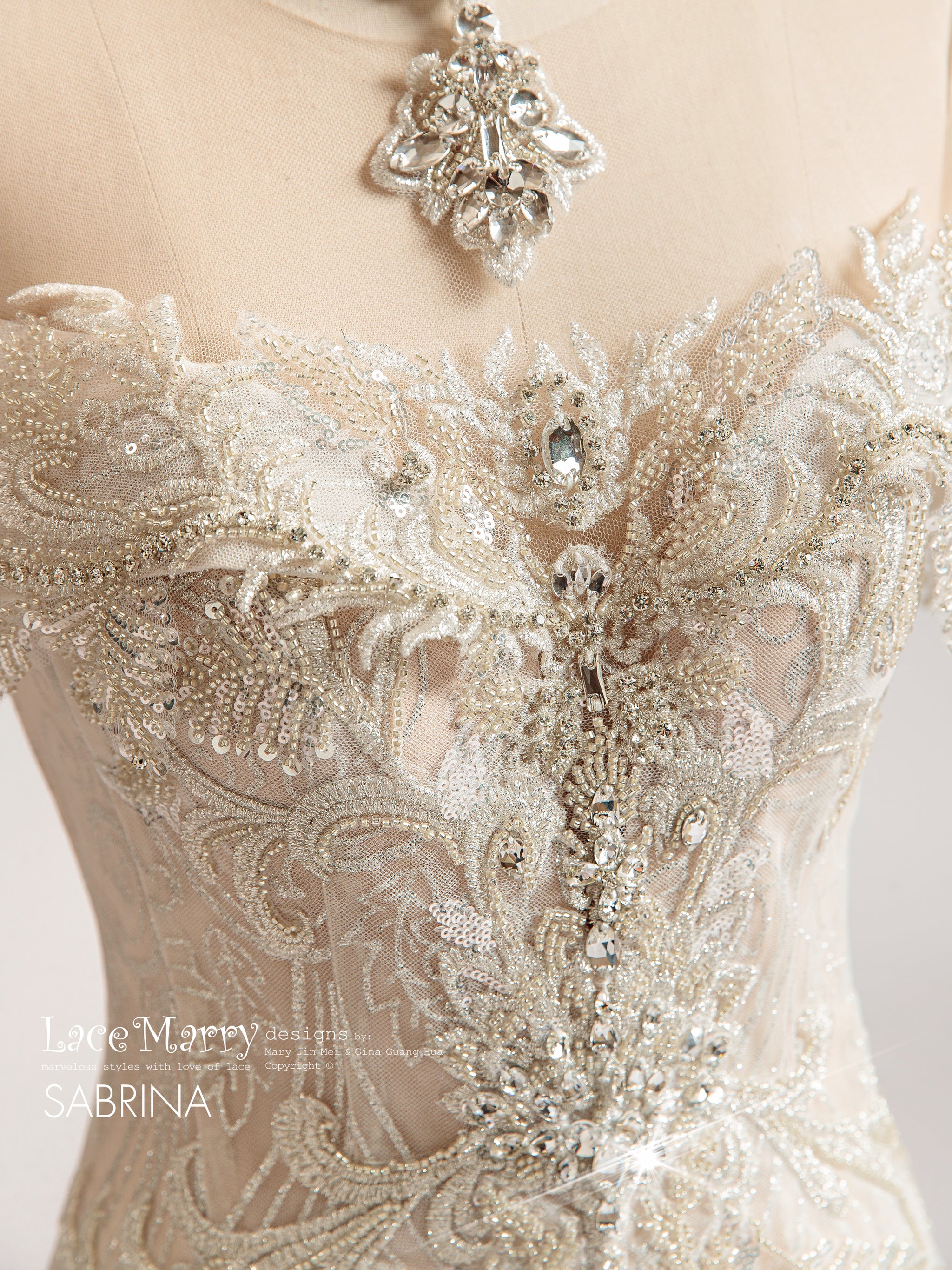 SABRINA / Off Shoulder Embellished Wedding Dress with Necklace - LaceMarry SABRINA / Off Shoulder Embellished Wedding Dress with Necklace - LaceMarry