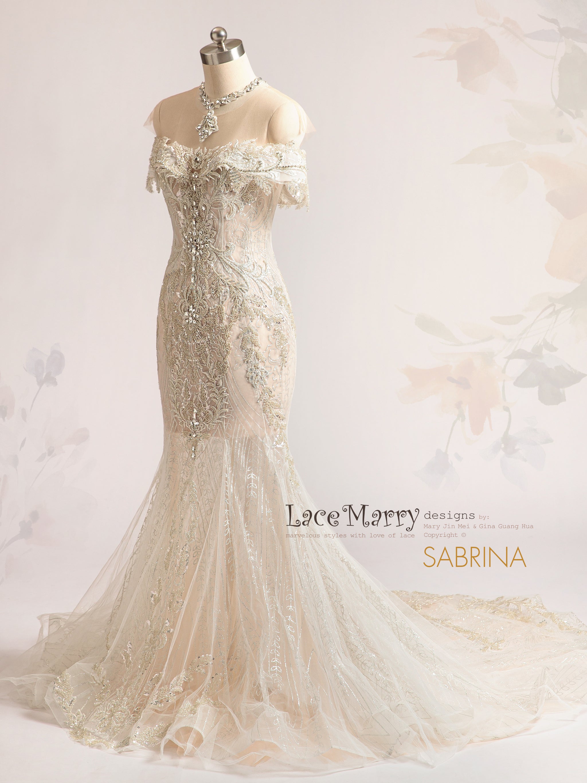 SABRINA / Off Shoulder Embellished Wedding Dress with Necklace - LaceMarry SABRINA / Off Shoulder Embellished Wedding Dress with Necklace - LaceMarry