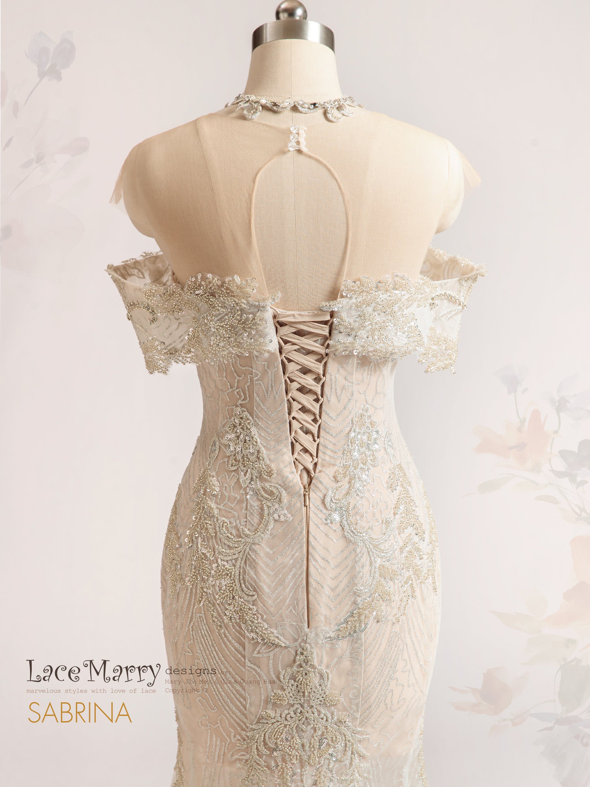 SABRINA / Off Shoulder Embellished Wedding Dress with Necklace - LaceMarry SABRINA / Off Shoulder Embellished Wedding Dress with Necklace - LaceMarry